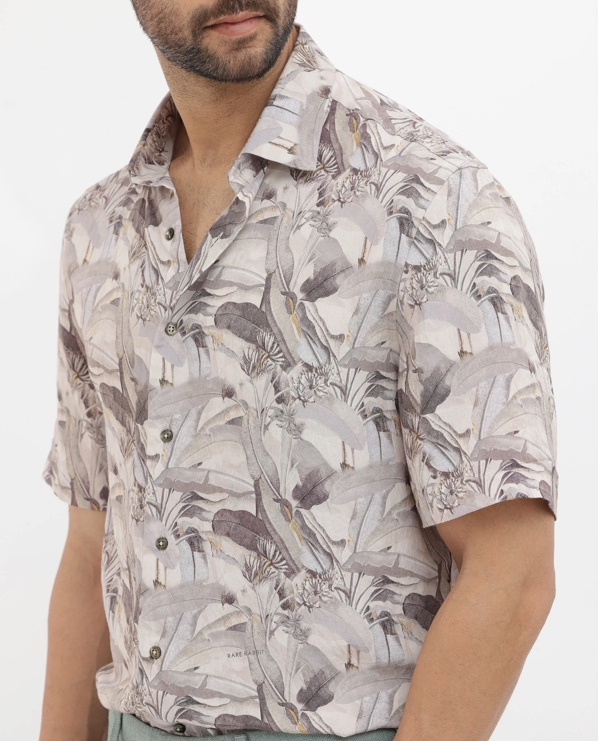 Rare Rabbit Men's Verton Beige Viscose Tropical Print Boxy Fit Half Sleeve Collared Shirt - Image 9