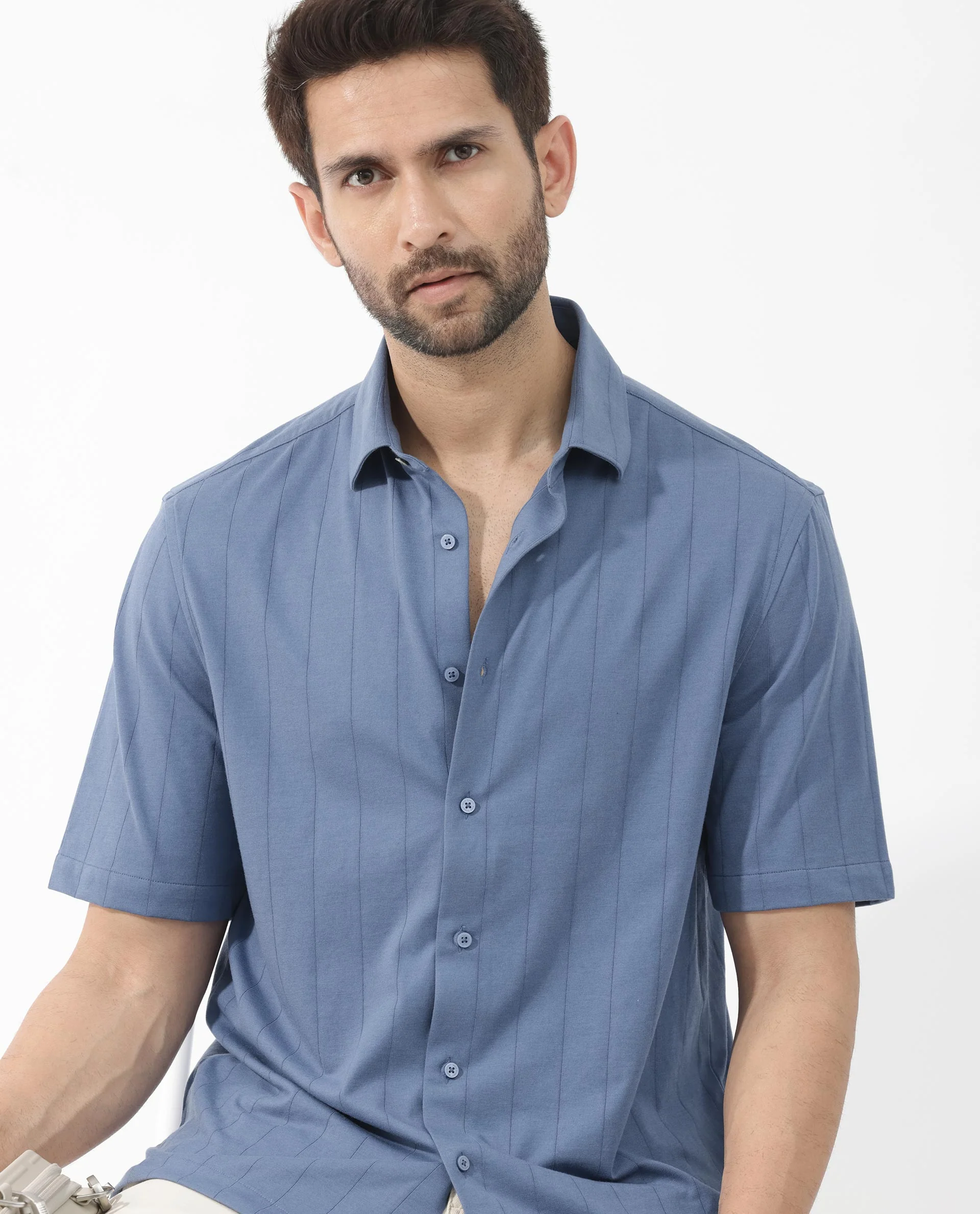 Rare Rabbit Men's Vert Ss Blue Cotton Plain Boxy Fit Half Sleeve Collared Shirt