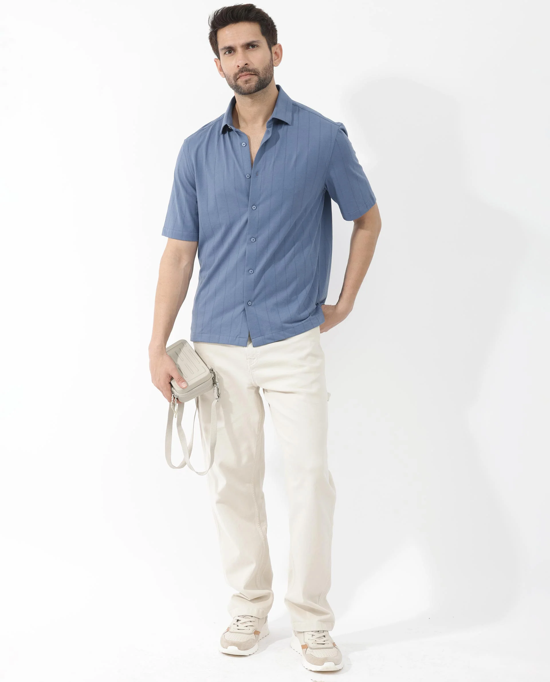 Rare Rabbit Men's Vert Ss Blue Cotton Plain Boxy Fit Half Sleeve Collared Shirt - Image 2