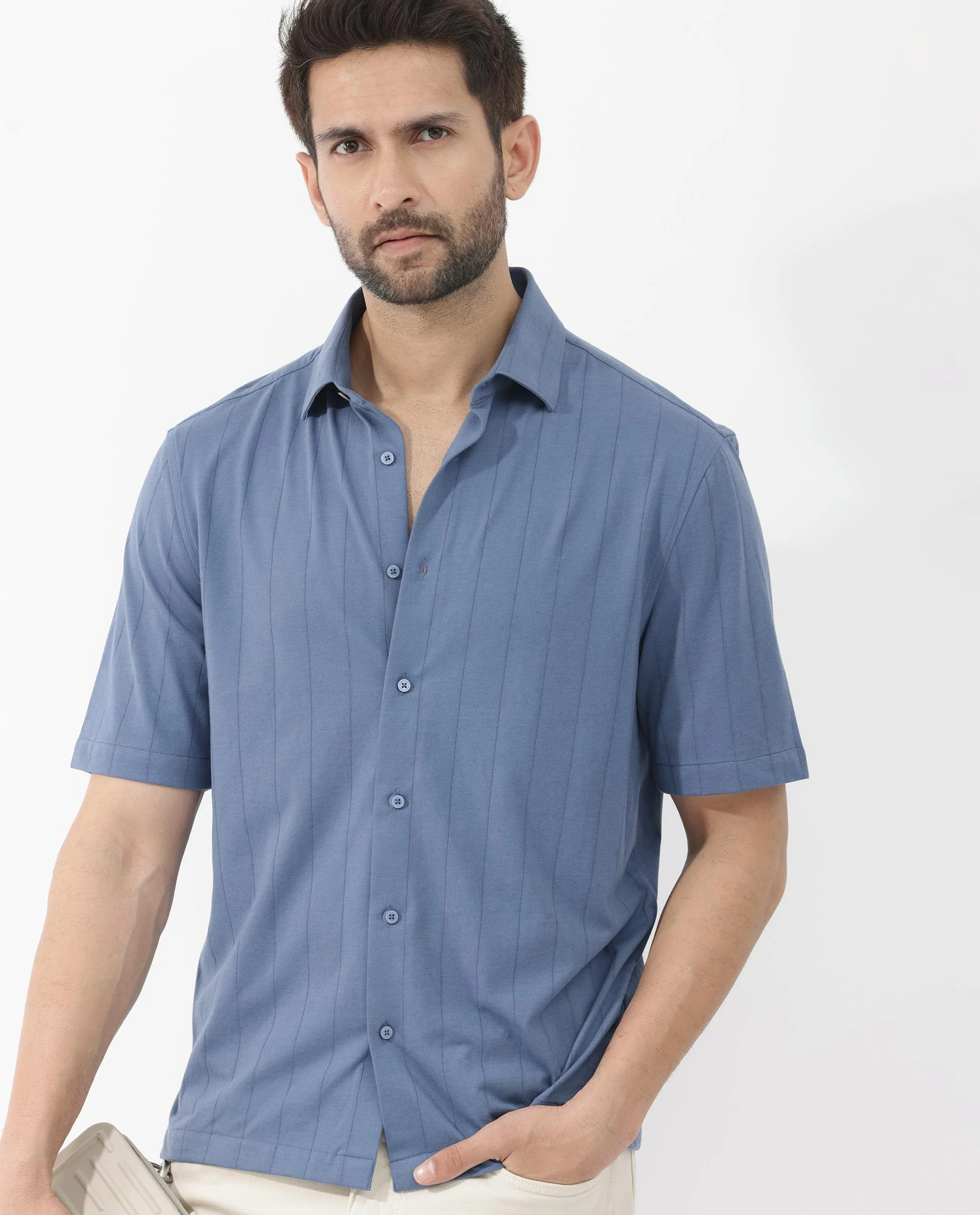 Rare Rabbit Men's Vert Ss Blue Cotton Plain Boxy Fit Half Sleeve Collared Shirt - Image 3