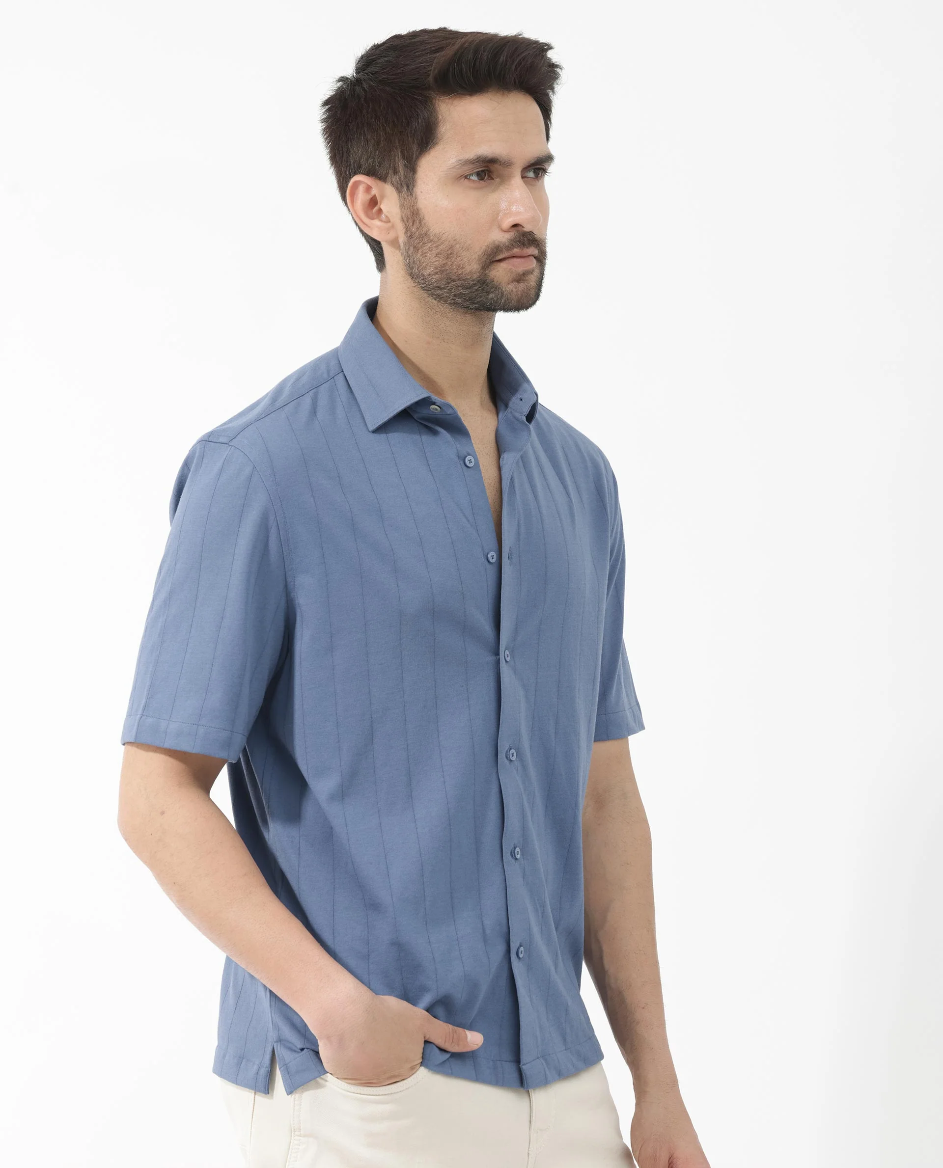 Rare Rabbit Men's Vert Ss Blue Cotton Plain Boxy Fit Half Sleeve Collared Shirt - Image 4