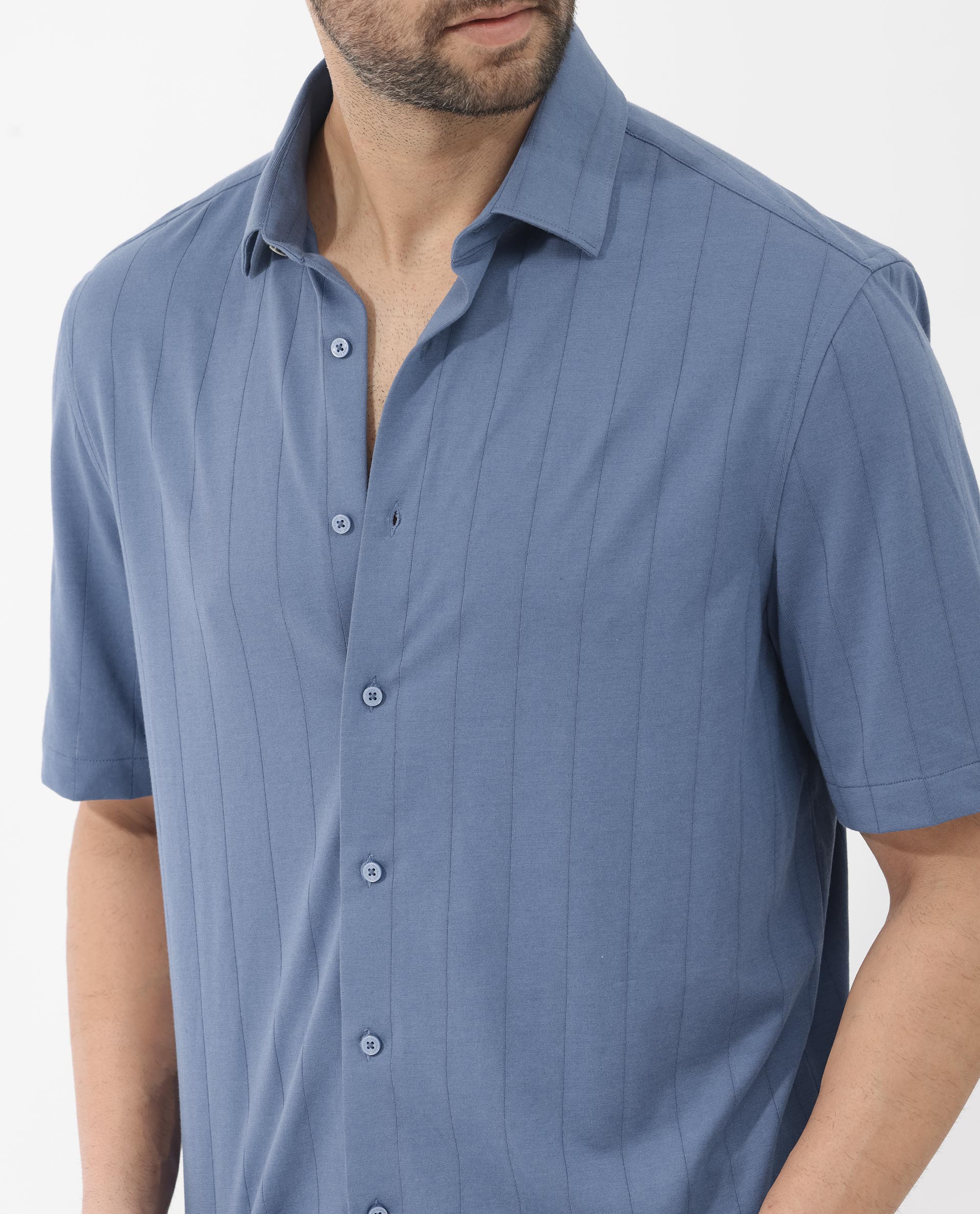 Rare Rabbit Men's Vert Ss Blue Cotton Plain Boxy Fit Half Sleeve Collared Shirt - Image 5