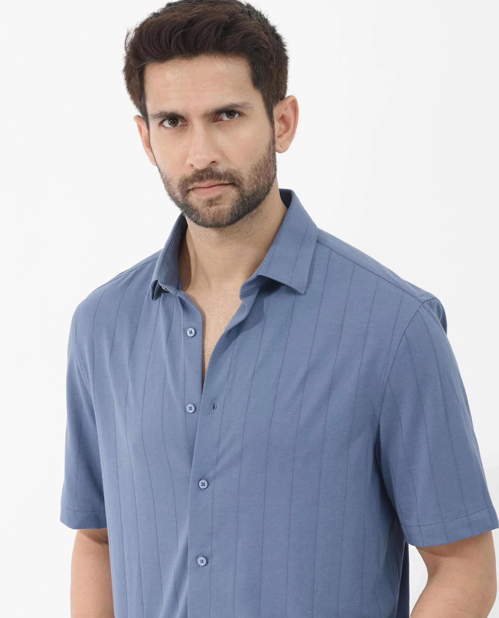 Rare Rabbit Men's Vert Ss Blue Cotton Plain Boxy Fit Half Sleeve Collared Shirt - Image 6