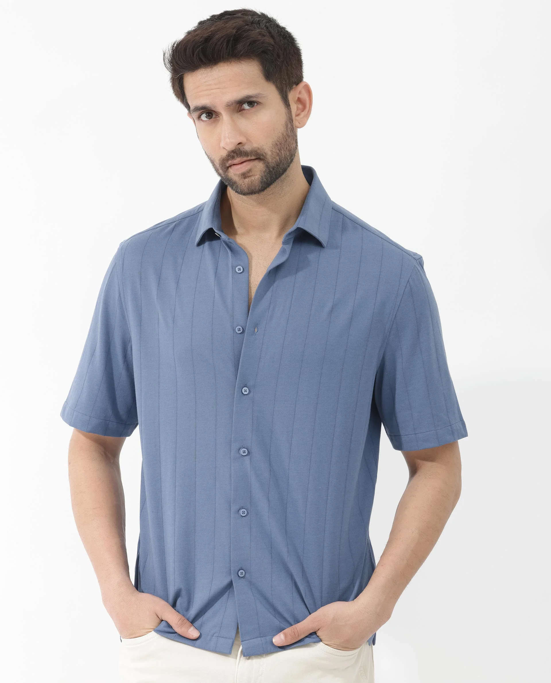 Rare Rabbit Men's Vert Ss Blue Cotton Plain Boxy Fit Half Sleeve Collared Shirt - Image 7