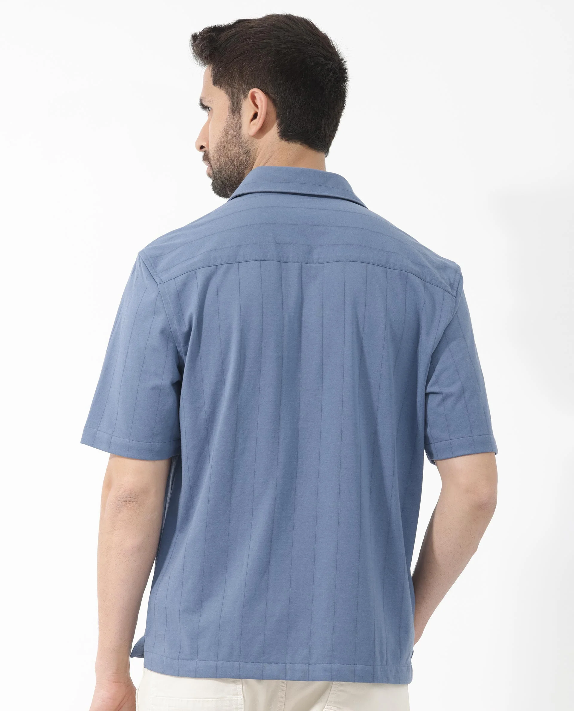 Rare Rabbit Men's Vert Ss Blue Cotton Plain Boxy Fit Half Sleeve Collared Shirt - Image 8