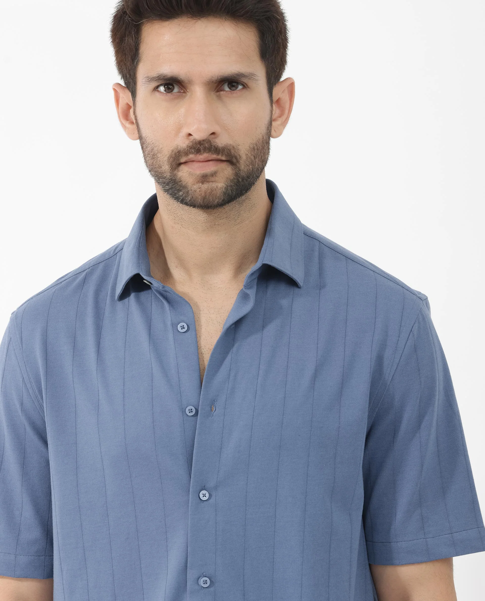 Rare Rabbit Men's Vert Ss Blue Cotton Plain Boxy Fit Half Sleeve Collared Shirt - Image 9