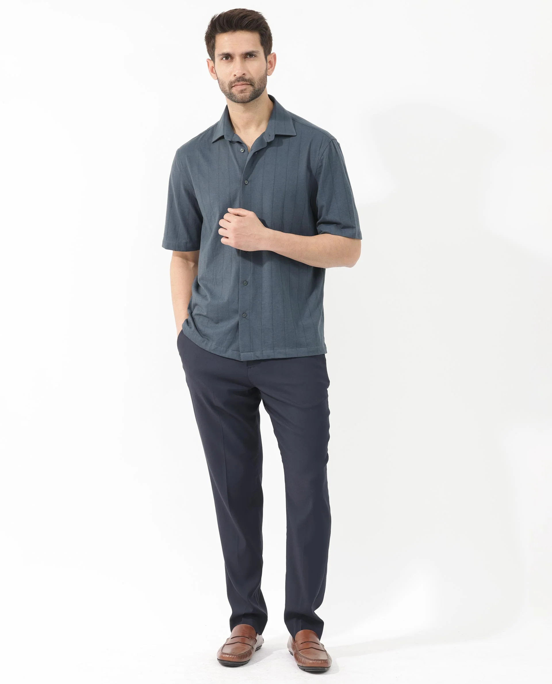 Rare Rabbit Men's Vert Ss Dusky Teal Cotton Plain Boxy Fit Half Sleeve Collared Shirt - Image 2