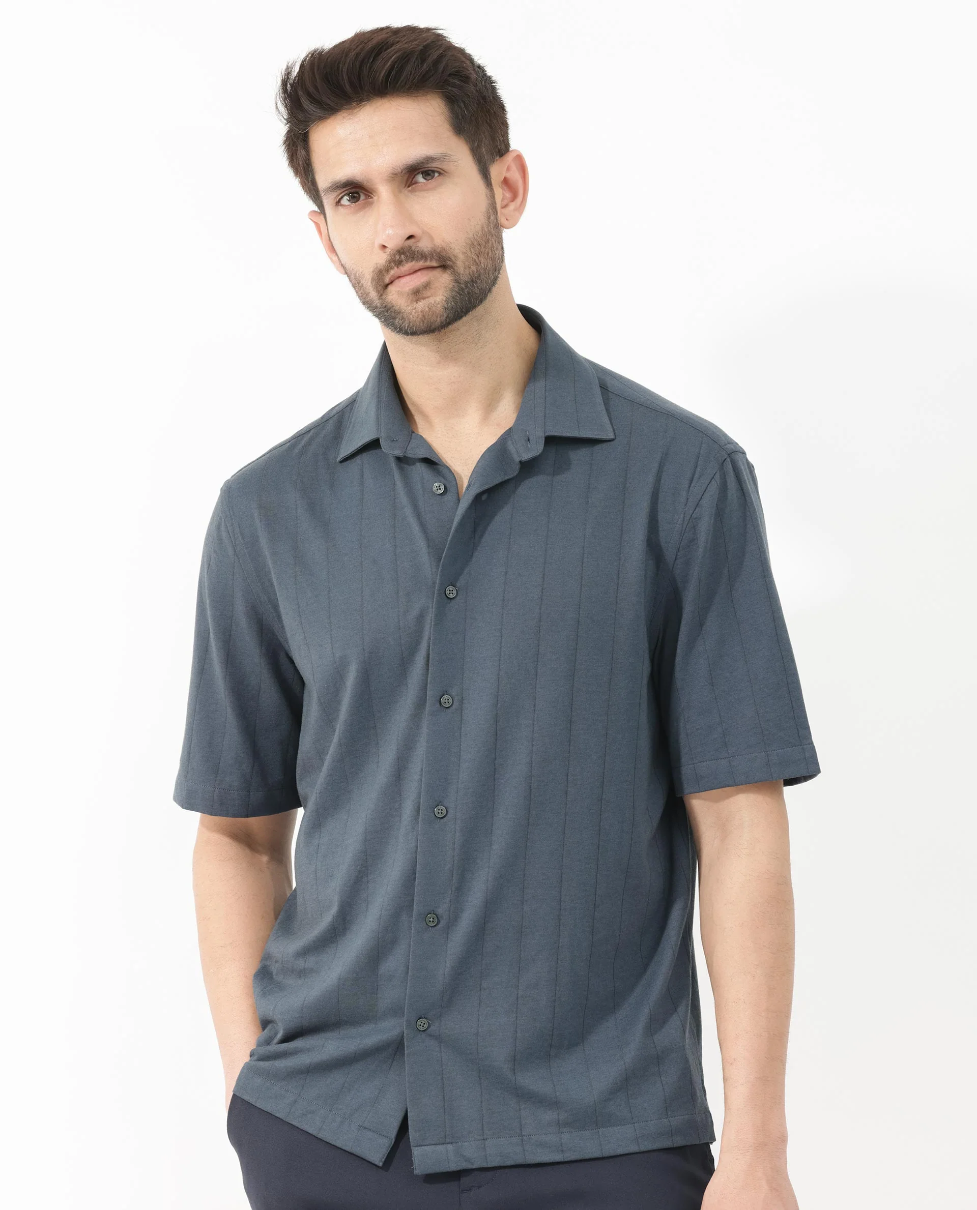 Rare Rabbit Men's Vert Ss Dusky Teal Cotton Plain Boxy Fit Half Sleeve Collared Shirt - Image 3