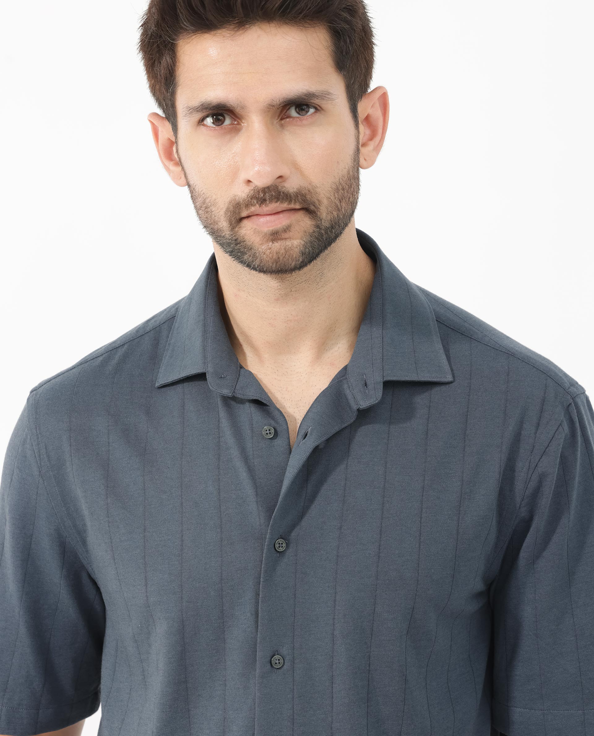 Rare Rabbit Men's Vert Ss Dusky Teal Cotton Plain Boxy Fit Half Sleeve Collared Shirt - Image 4