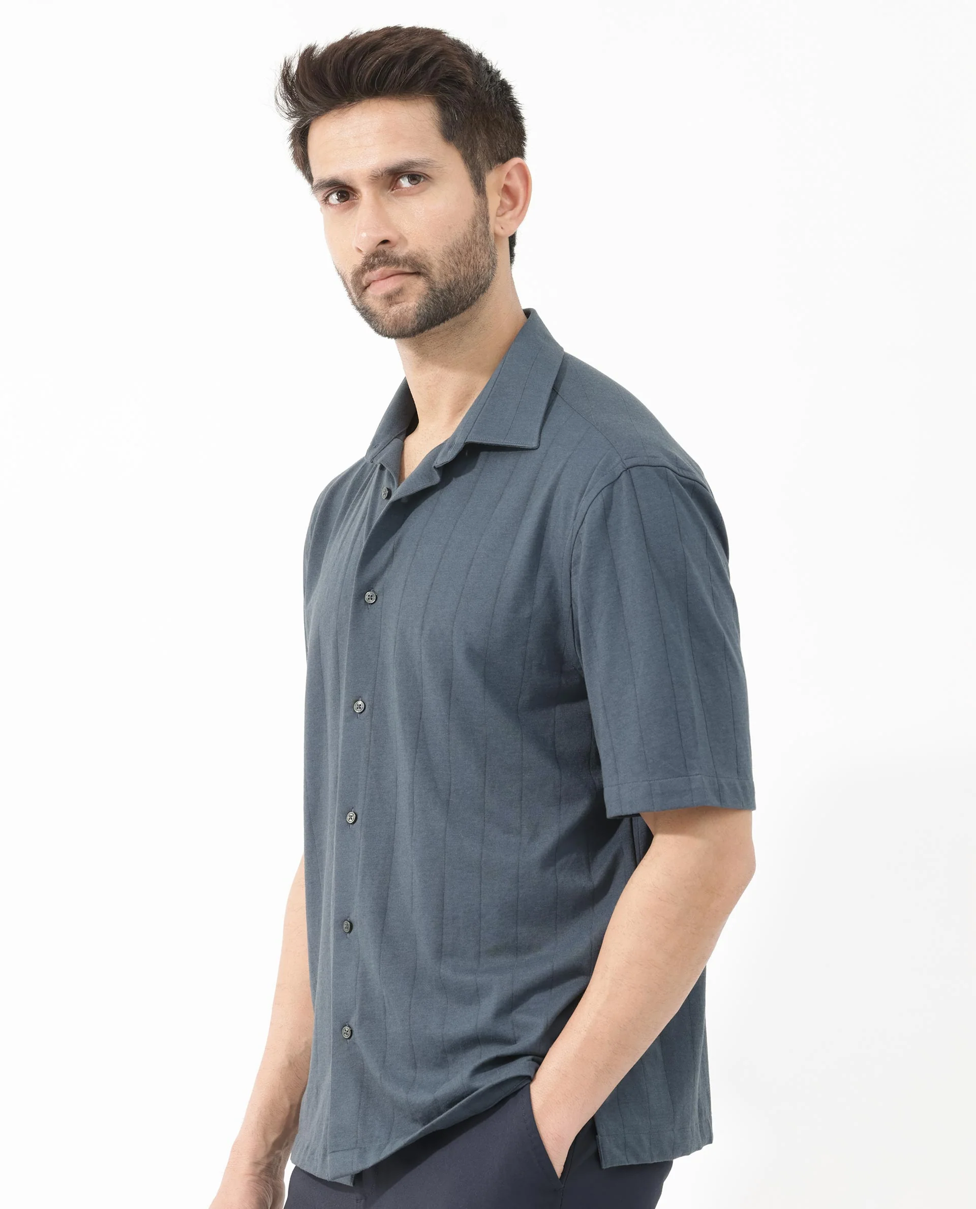 Rare Rabbit Men's Vert Ss Dusky Teal Cotton Plain Boxy Fit Half Sleeve Collared Shirt - Image 6