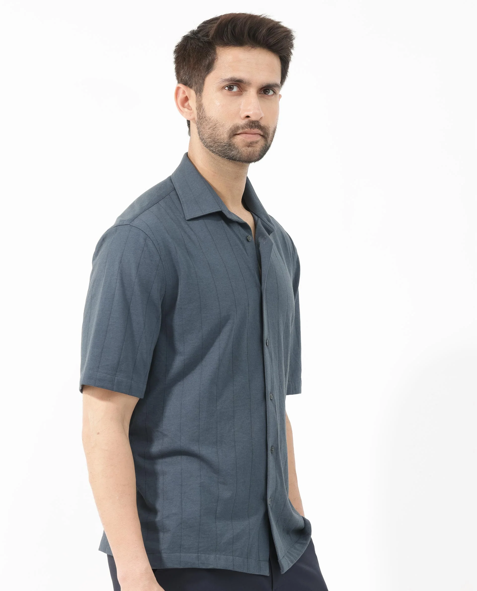 Rare Rabbit Men's Vert Ss Dusky Teal Cotton Plain Boxy Fit Half Sleeve Collared Shirt - Image 7