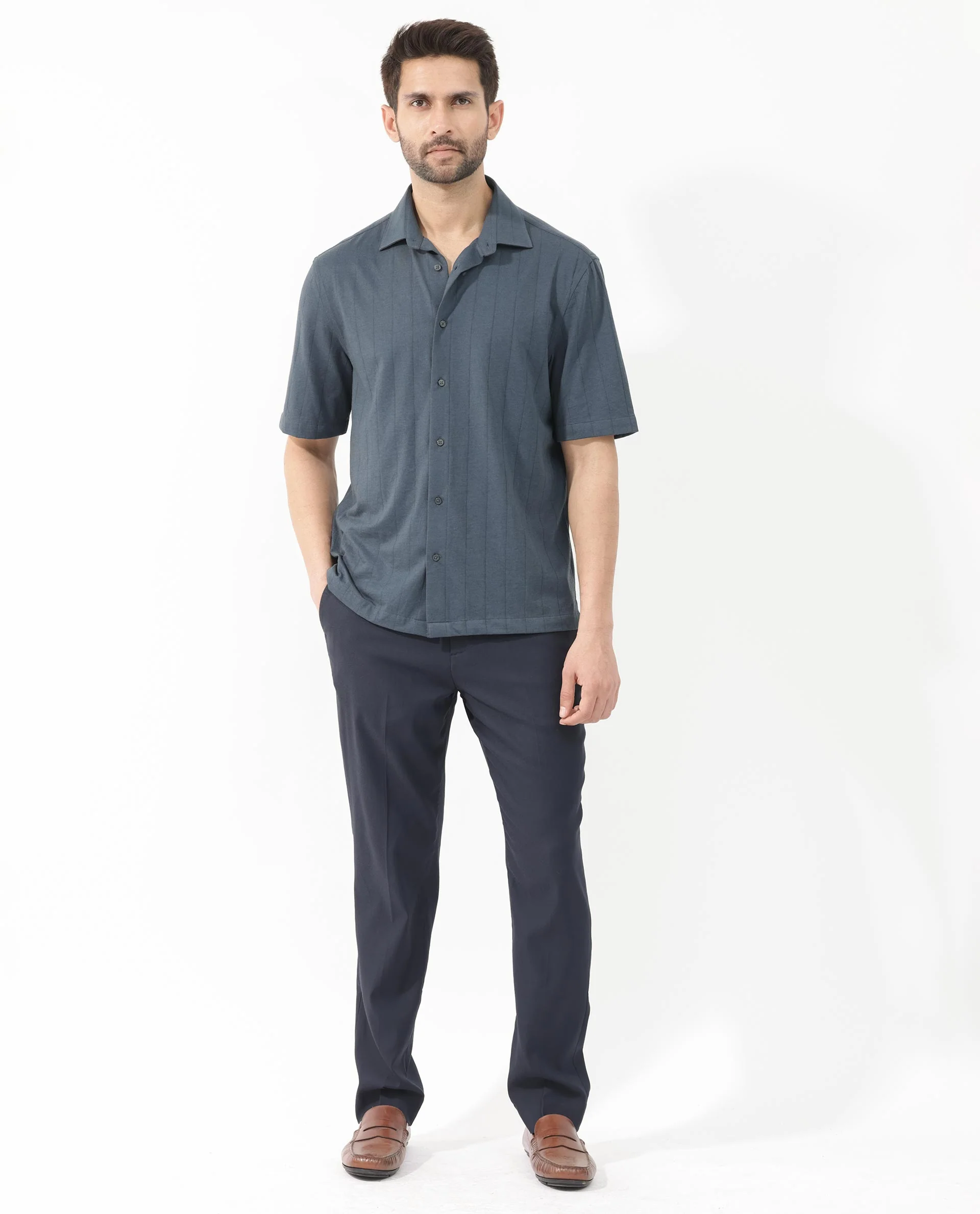 Rare Rabbit Men's Vert Ss Dusky Teal Cotton Plain Boxy Fit Half Sleeve Collared Shirt - Image 8