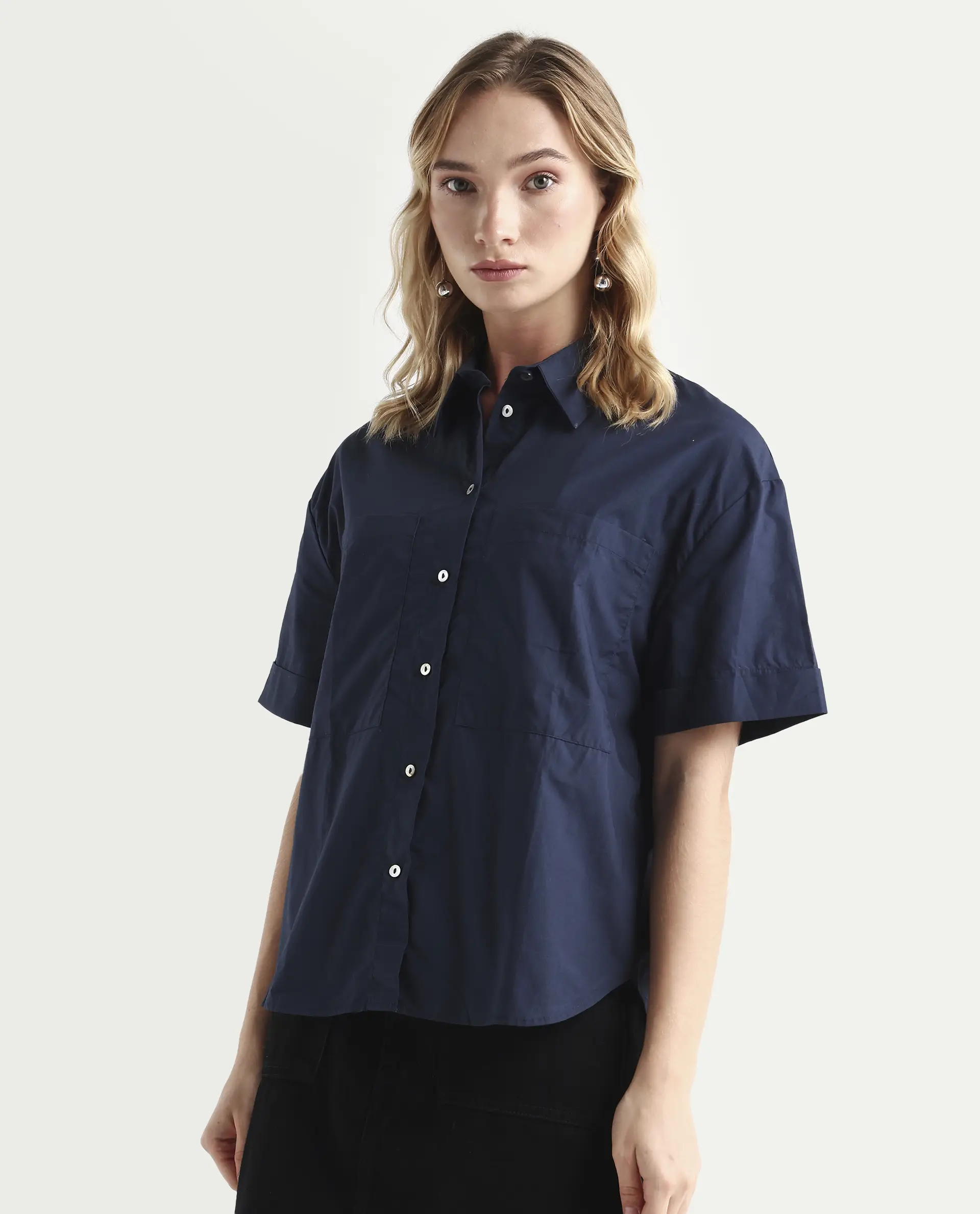 Rareism Women's Vesh Navy Cotton Spread Collar Plain Regular Fit Top - Image 5