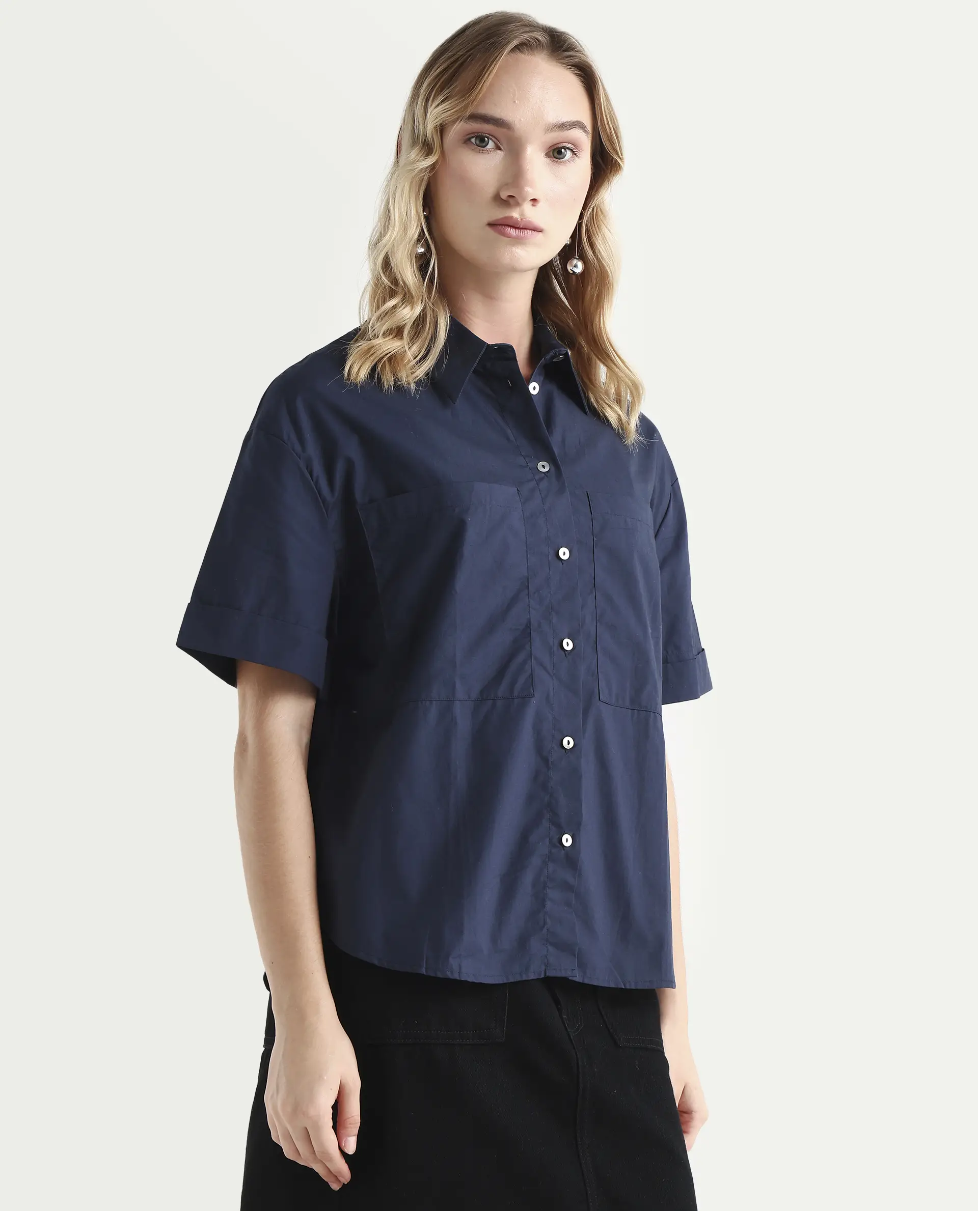Rareism Women's Vesh Navy Cotton Spread Collar Plain Regular Fit Top - Image 6