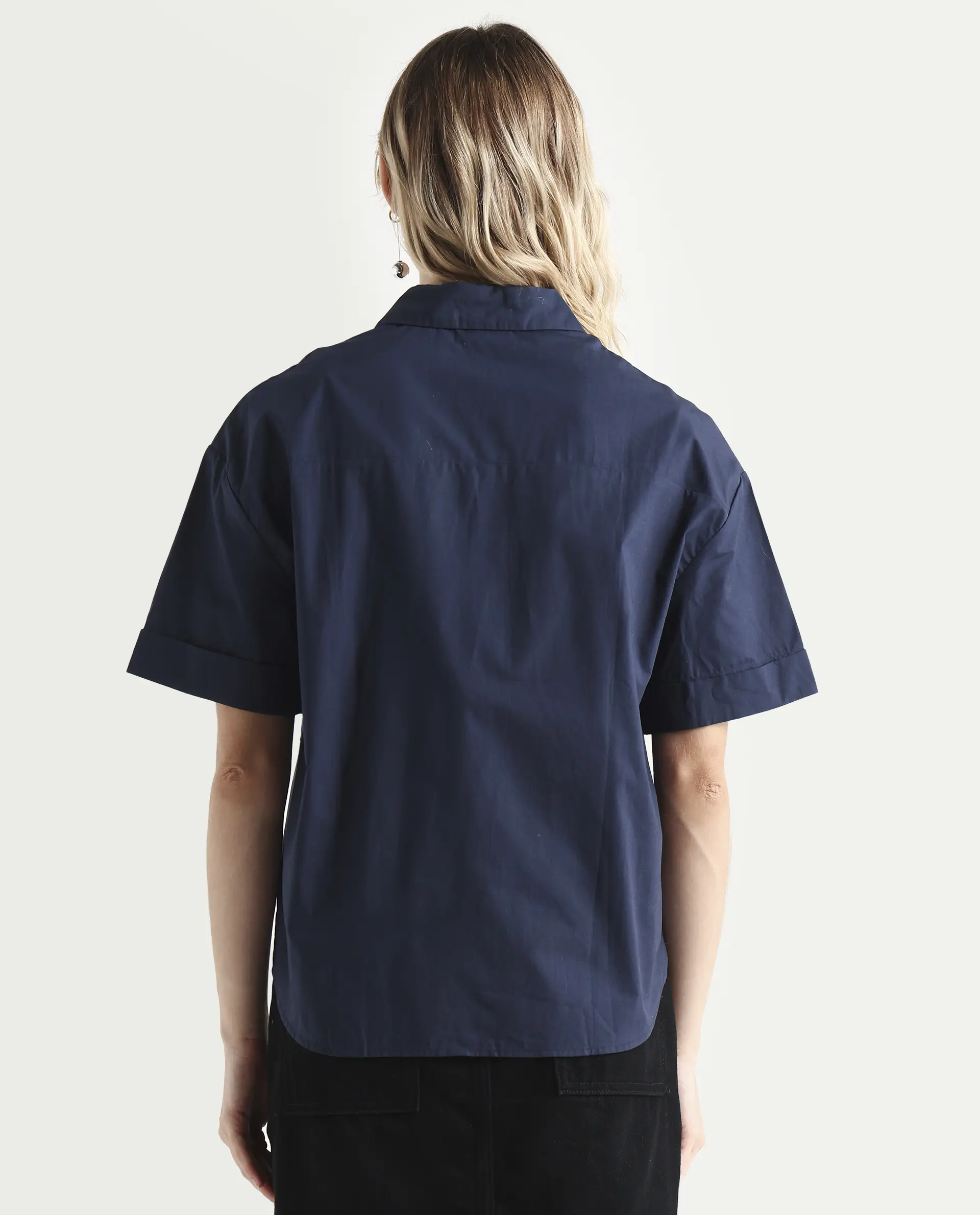 Rareism Women's Vesh Navy Cotton Spread Collar Plain Regular Fit Top - Image 7