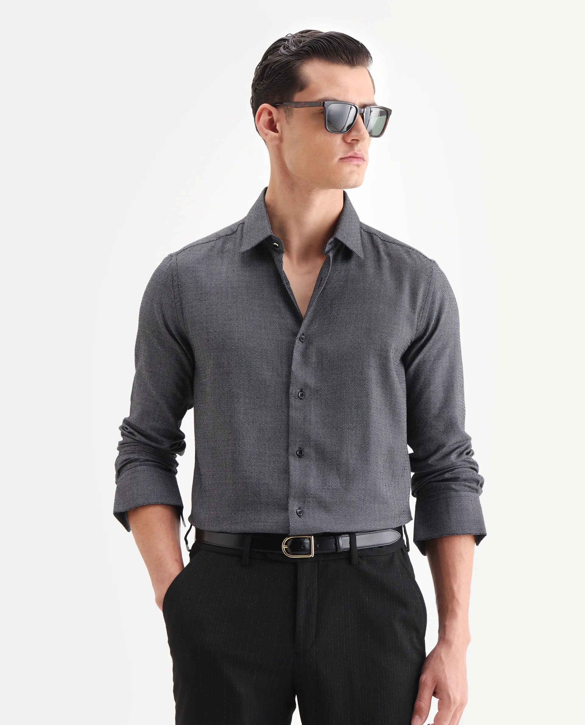 Rare Rabbit Men's Veslo Black Cotton Jacquard Regular Fit Full Sleeve Collared Shirt