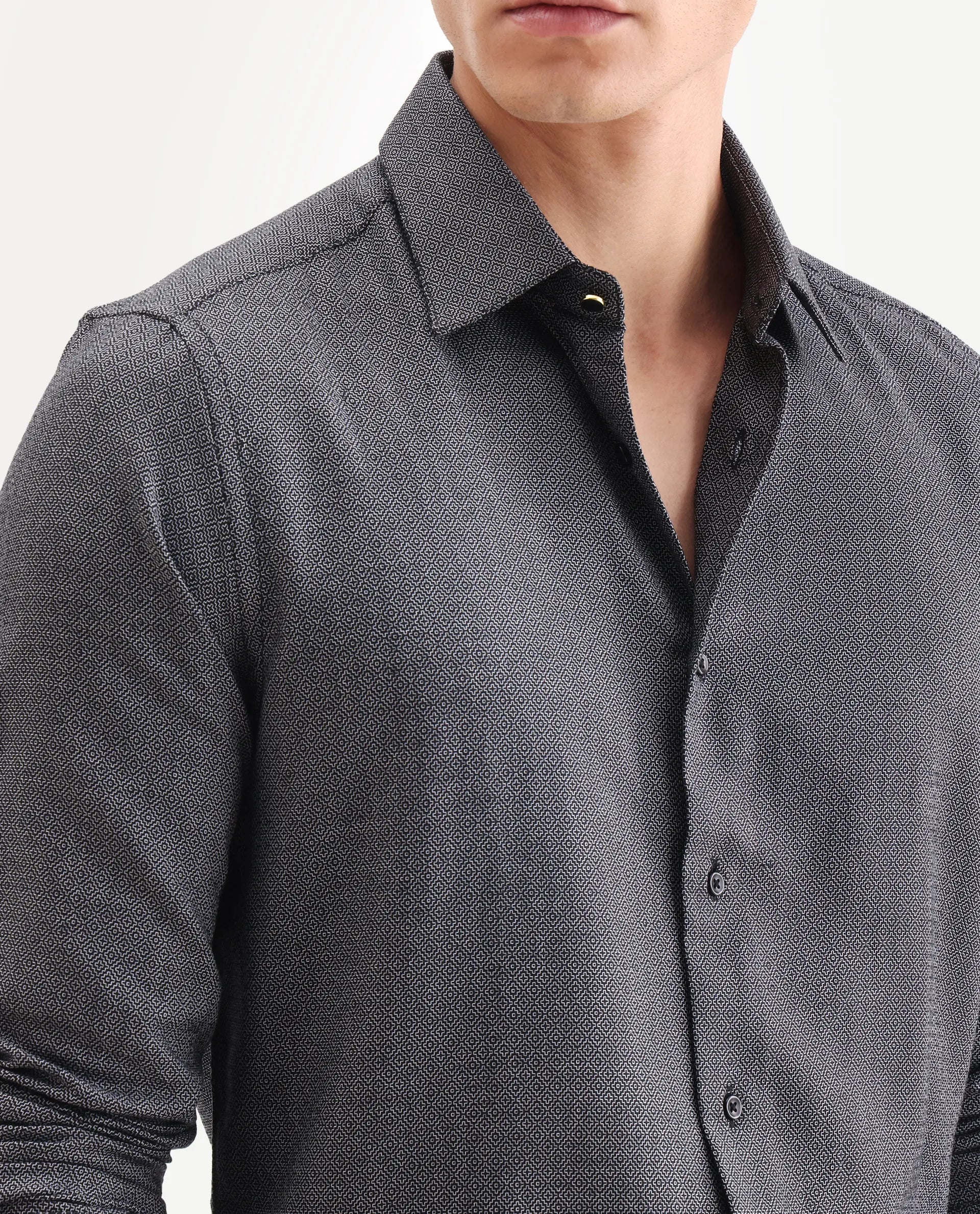Rare Rabbit Men's Veslo Black Cotton Jacquard Regular Fit Full Sleeve Collared Shirt - Image 3