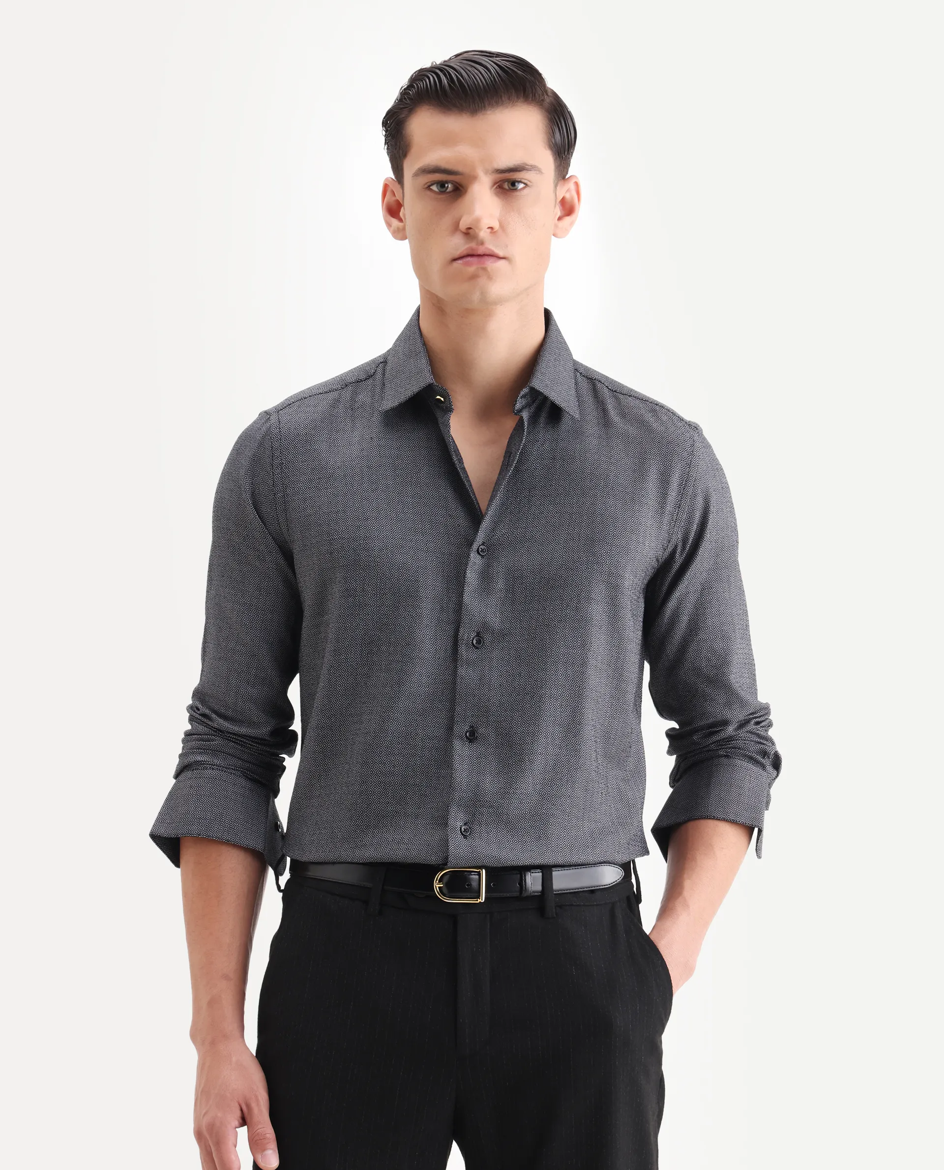 Rare Rabbit Men's Veslo Black Cotton Jacquard Regular Fit Full Sleeve Collared Shirt - Image 4