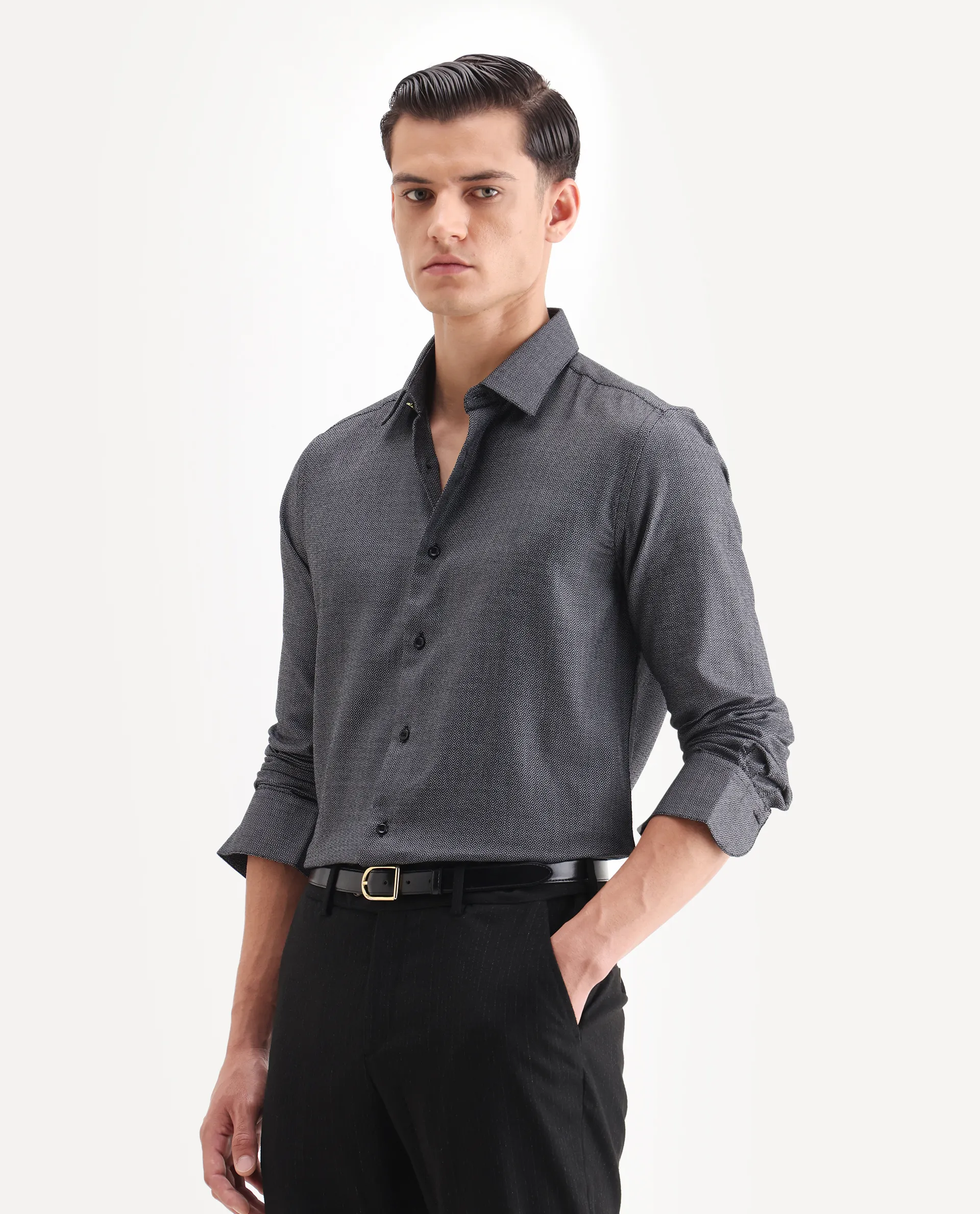 Rare Rabbit Men's Veslo Black Cotton Jacquard Regular Fit Full Sleeve Collared Shirt - Image 5