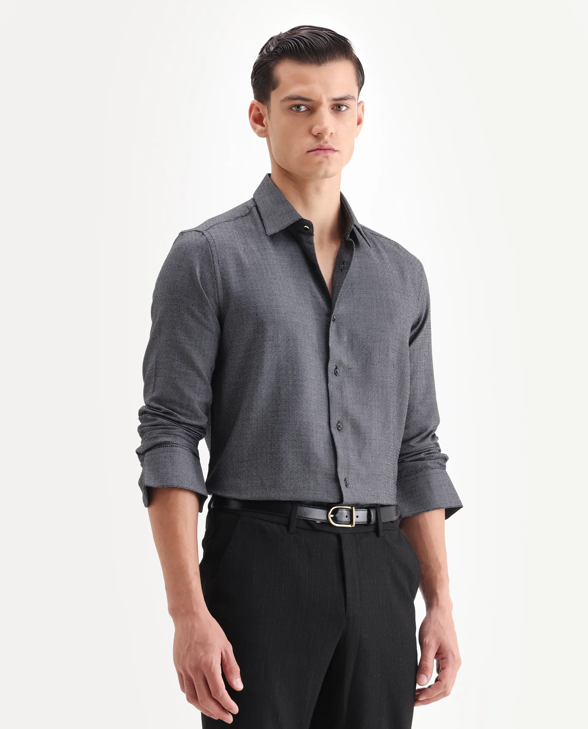 Rare Rabbit Men's Veslo Black Cotton Jacquard Regular Fit Full Sleeve Collared Shirt - Image 6