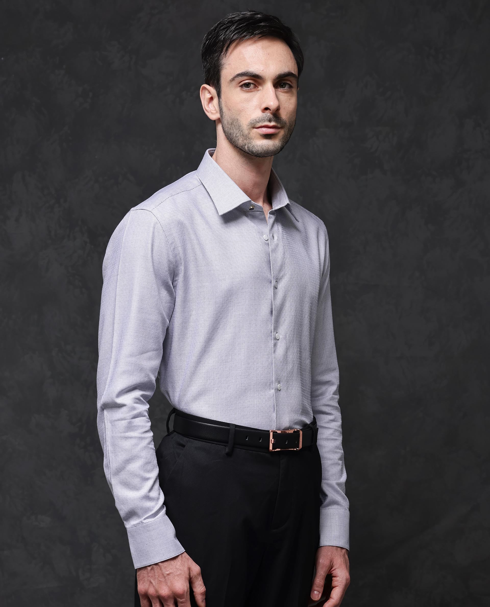 Rare Rabbit Men's Veslo Light Grey Cotton Jacquard Regular Fit Full Sleeve Collared Shirt - Image 10