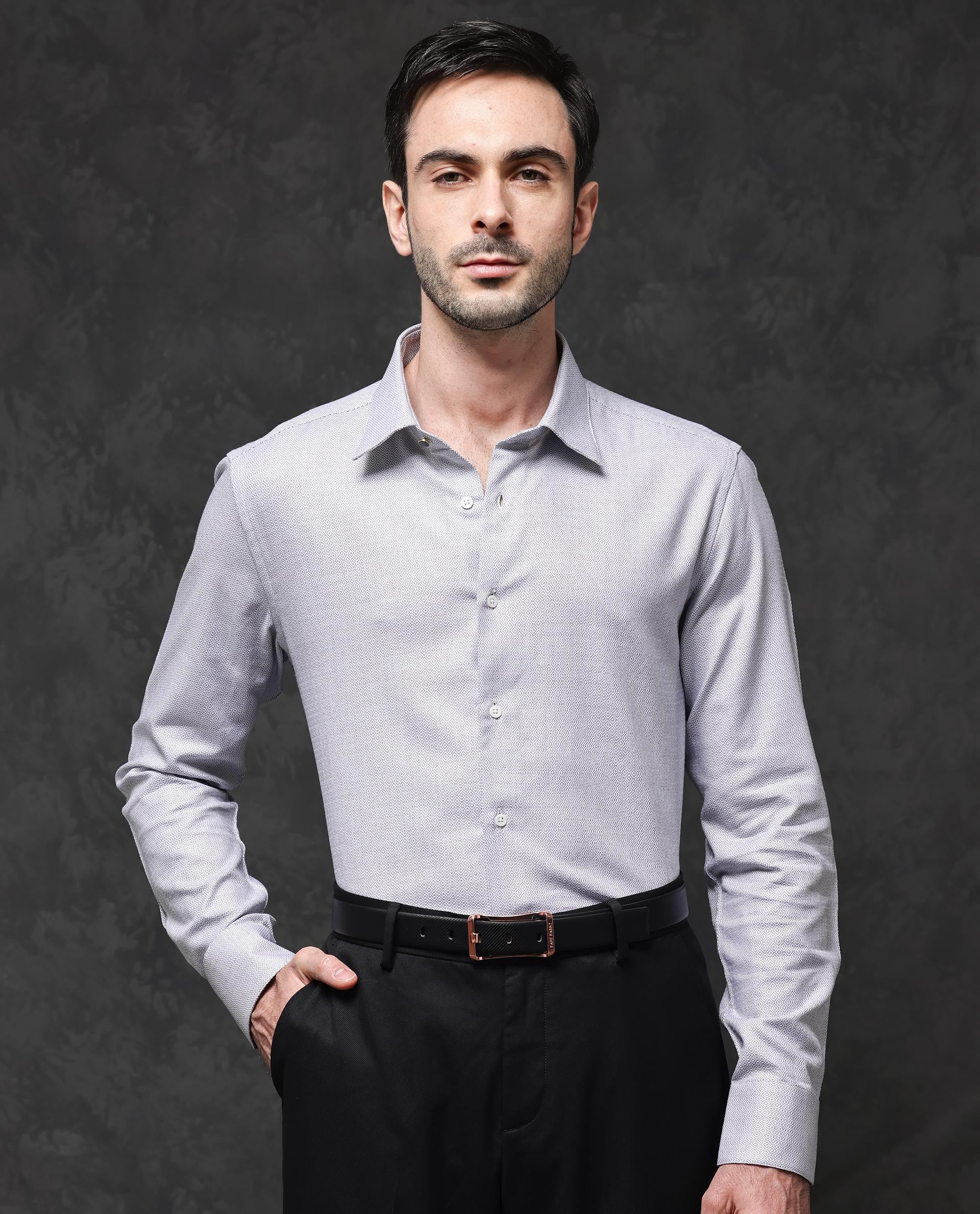 Rare Rabbit Men's Veslo Light Grey Cotton Jacquard Regular Fit Full Sleeve Collared Shirt - Image 2