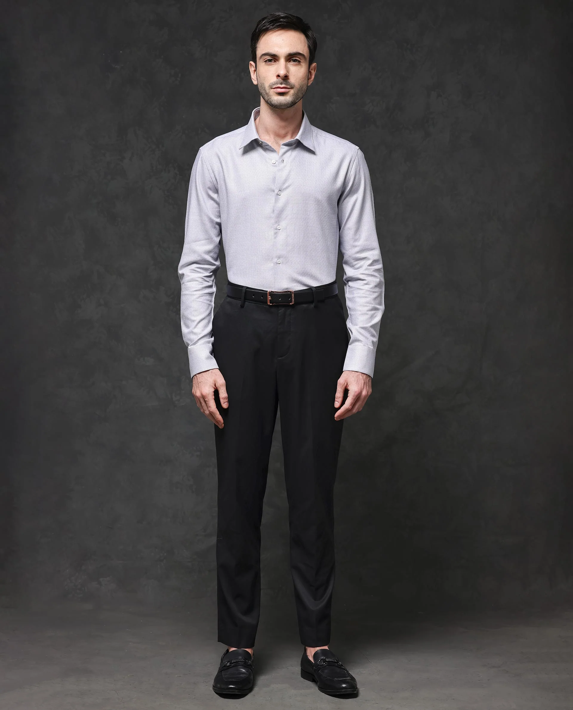 Rare Rabbit Men's Veslo Light Grey Cotton Jacquard Regular Fit Full Sleeve Collared Shirt - Image 3