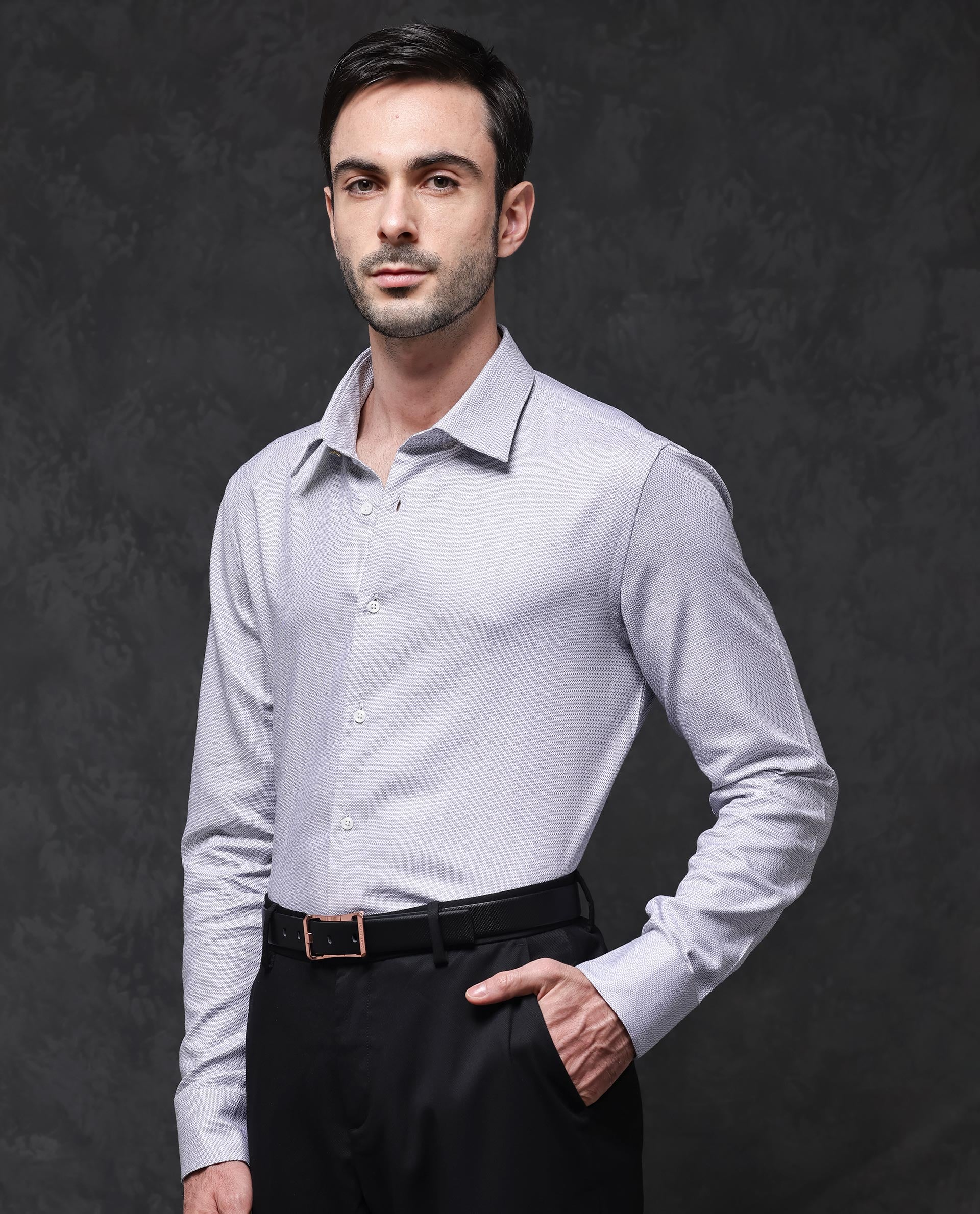 Rare Rabbit Men's Veslo Light Grey Cotton Jacquard Regular Fit Full Sleeve Collared Shirt - Image 4
