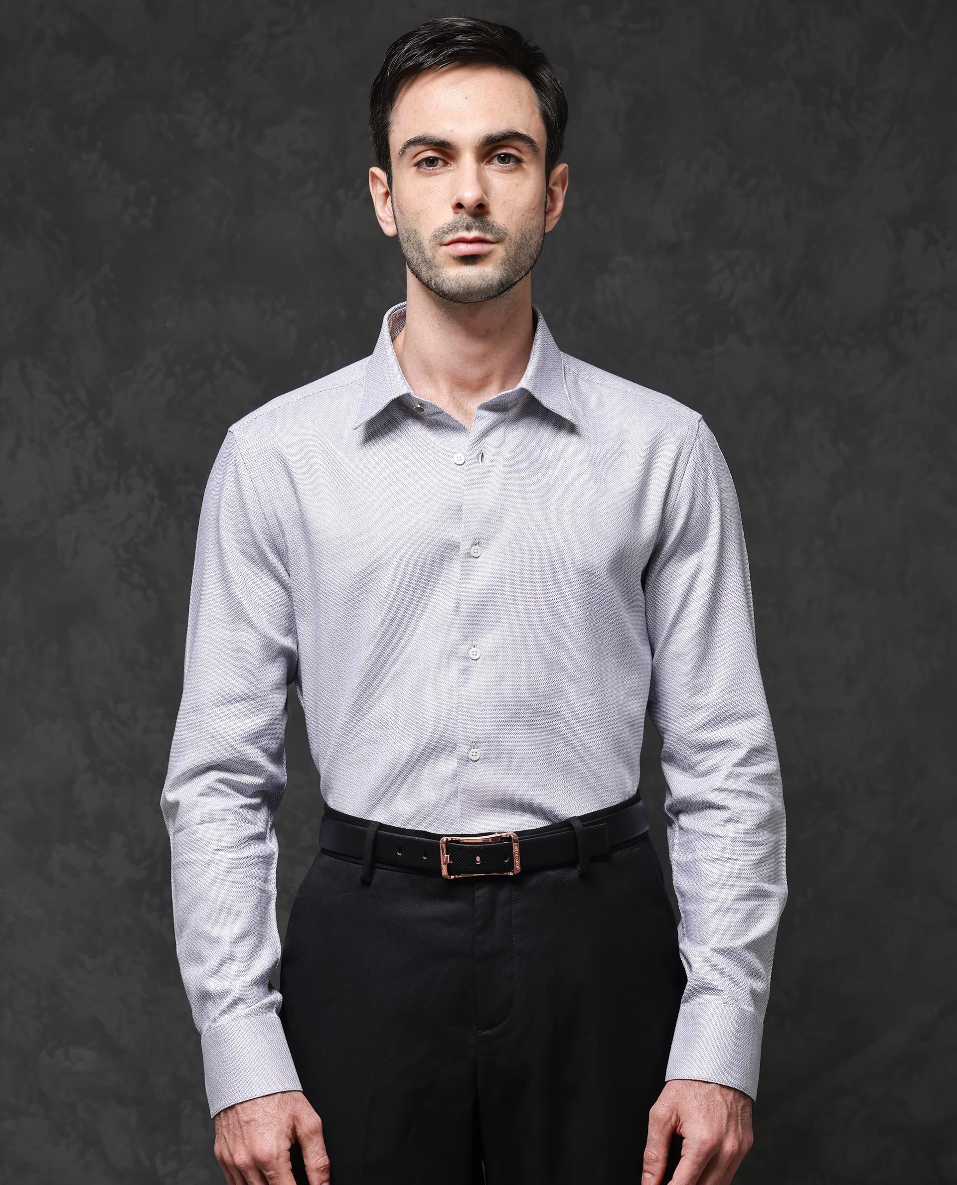 Rare Rabbit Men's Veslo Light Grey Cotton Jacquard Regular Fit Full Sleeve Collared Shirt - Image 8