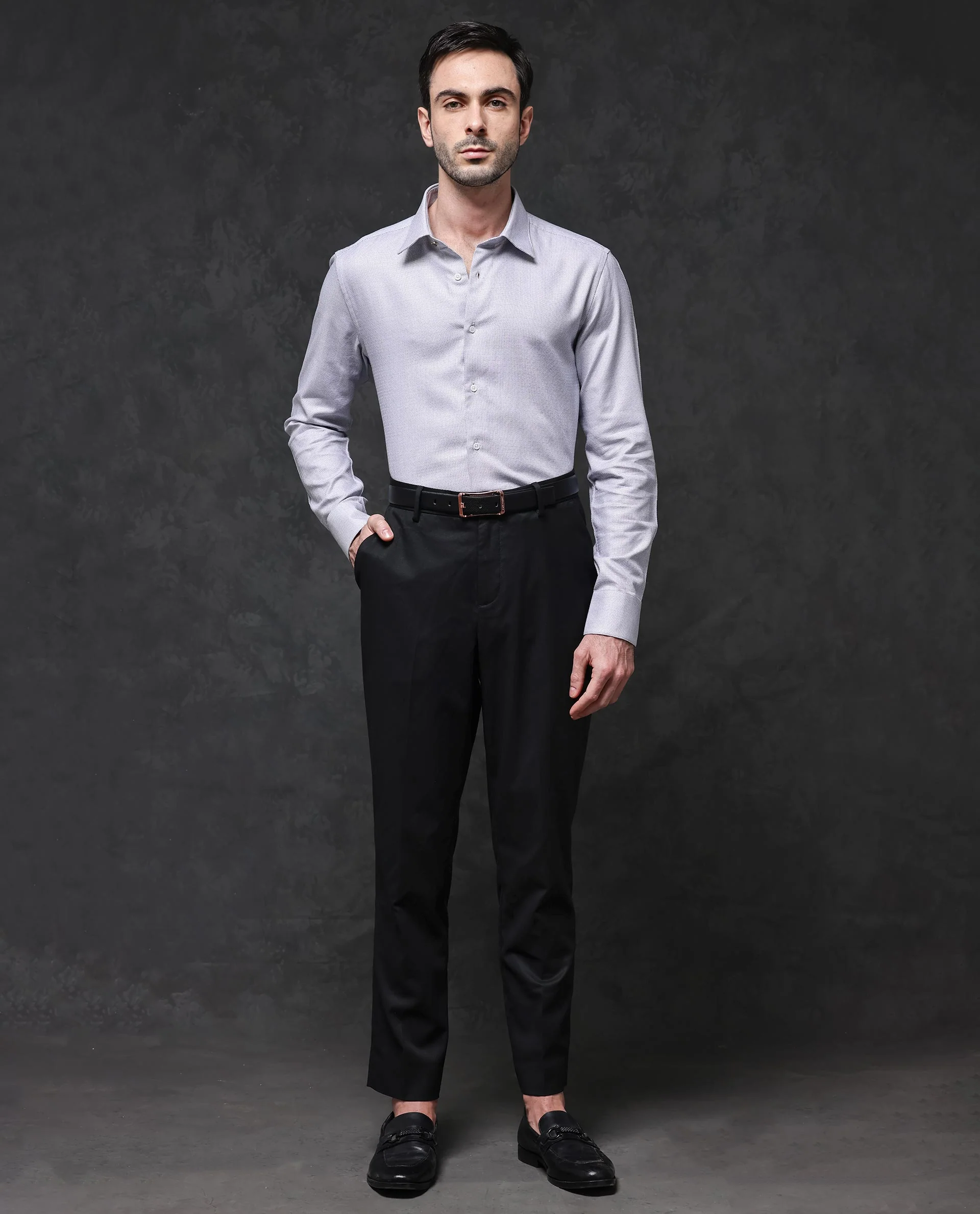 Rare Rabbit Men's Veslo Light Grey Cotton Jacquard Regular Fit Full Sleeve Collared Shirt - Image 9