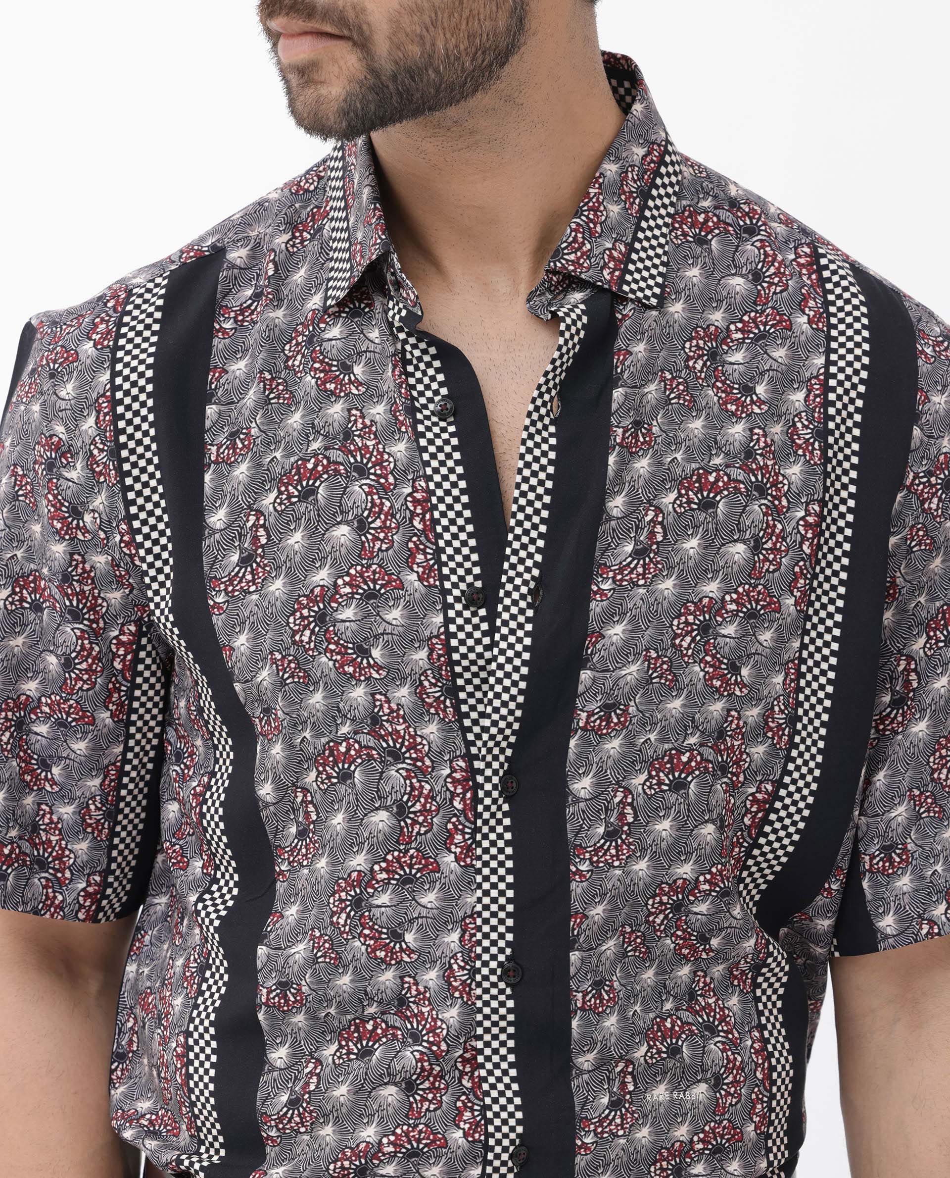 Rare Rabbit Men's Vestor Black Viscose Floral Print Boxy Fit Half Sleeve Collared Shirt - Image 4