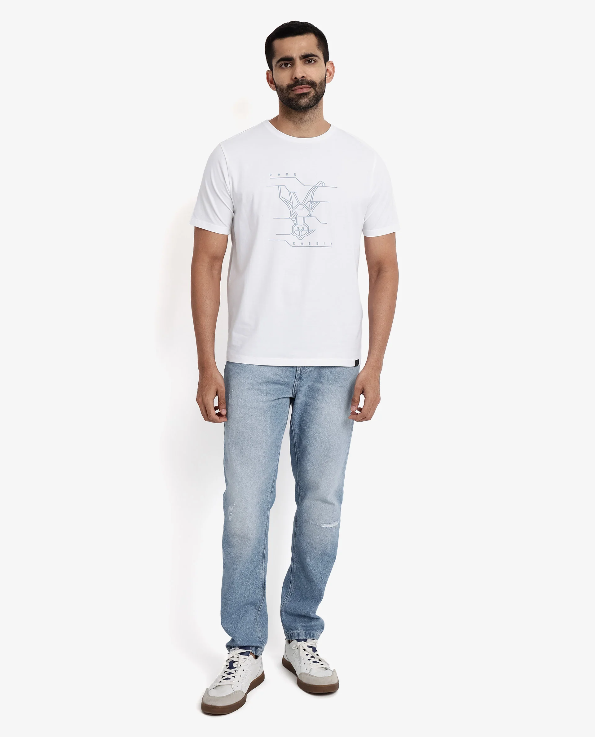 Rare Rabbit Men's Vetos White Cotton Graphic Print Regular Fit Half Sleeve Crew Neck T-Shirt - Image 2