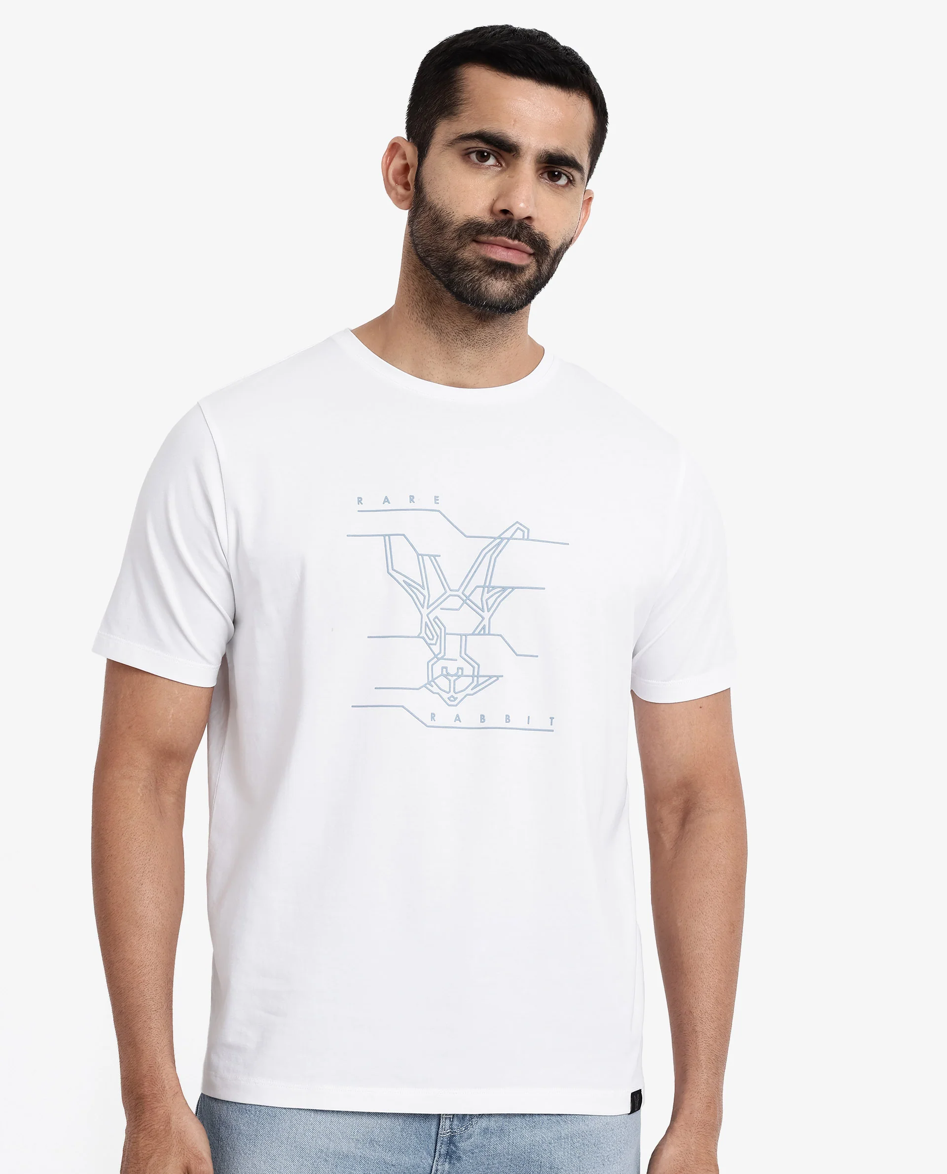 Rare Rabbit Men's Vetos White Cotton Graphic Print Regular Fit Half Sleeve Crew Neck T-Shirt - Image 3