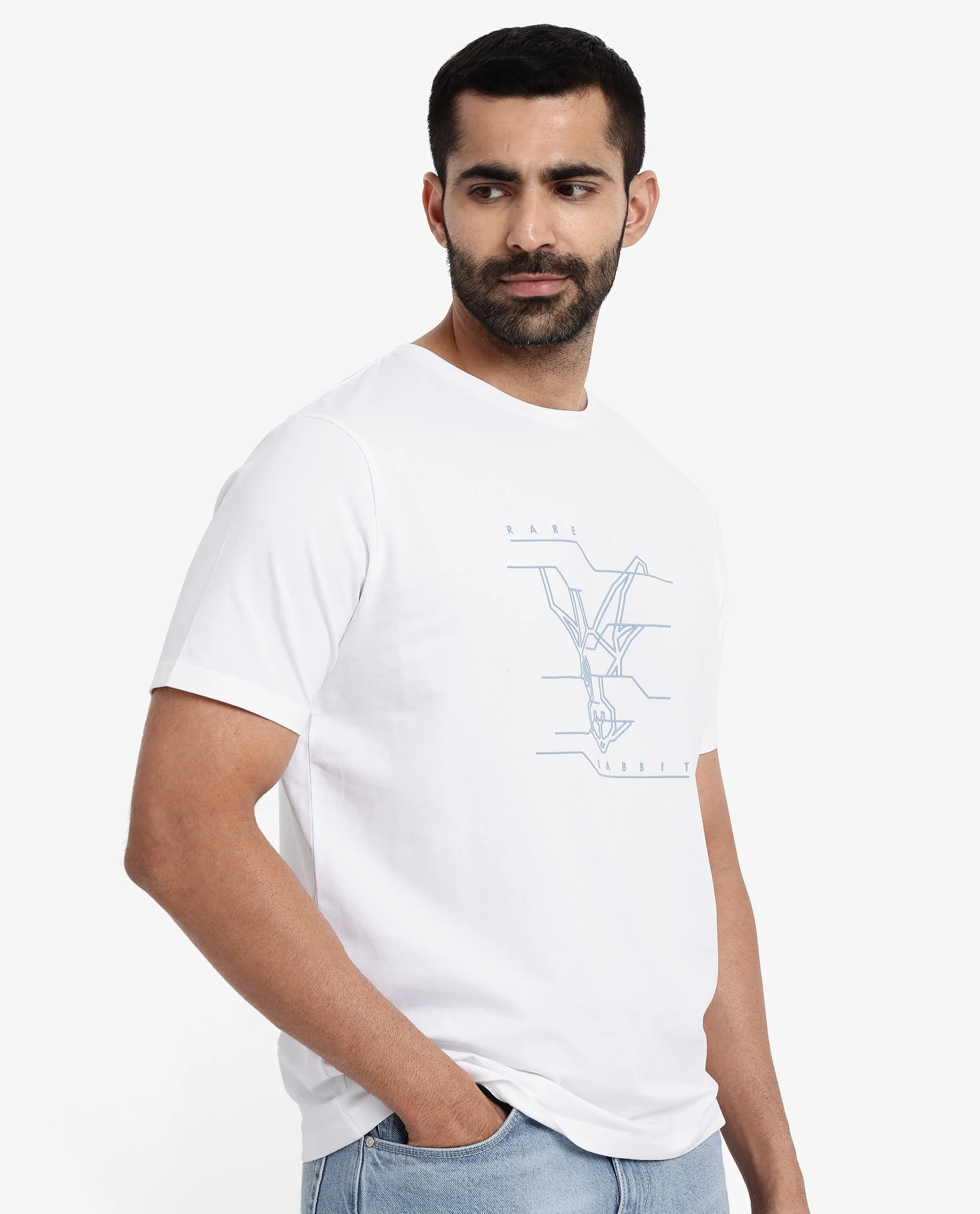 Rare Rabbit Men's Vetos White Cotton Graphic Print Regular Fit Half Sleeve Crew Neck T-Shirt - Image 6