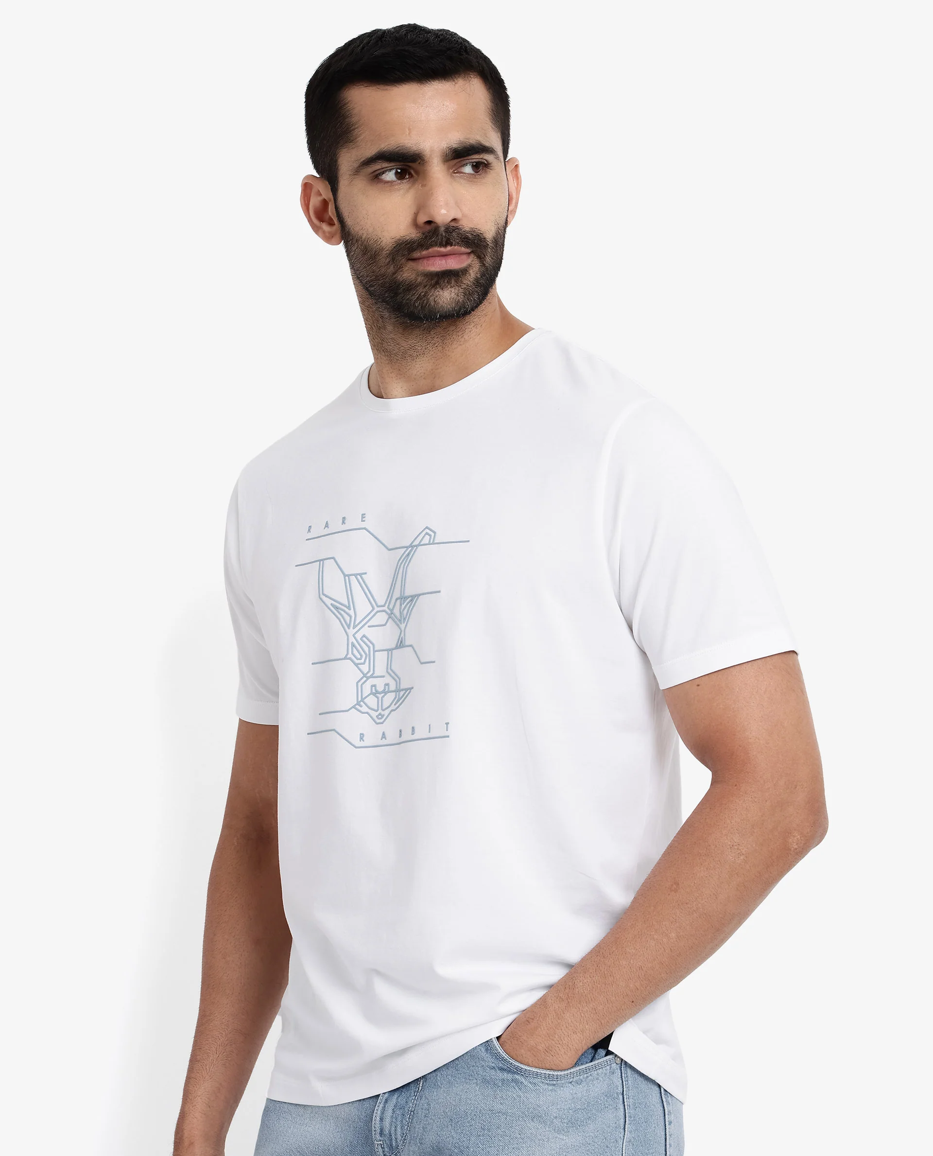 Rare Rabbit Men's Vetos White Cotton Graphic Print Regular Fit Half Sleeve Crew Neck T-Shirt - Image 7