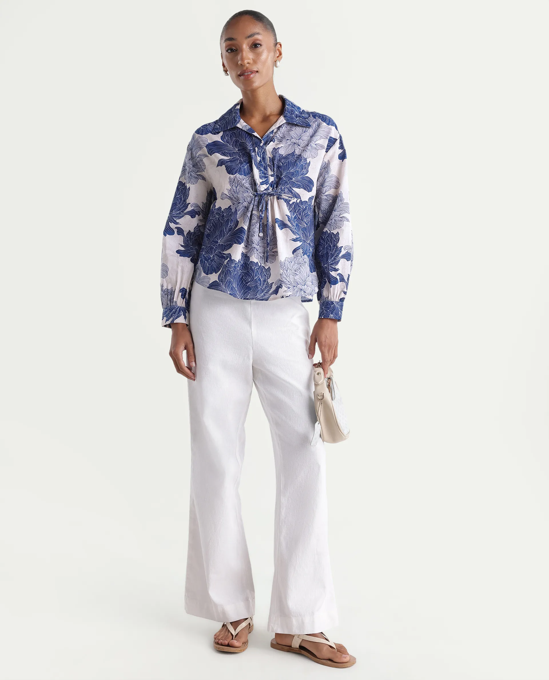Rareism Women's Vetot Blue Cotton Johnny Collar Relaxed Floral Print Top - Image 2