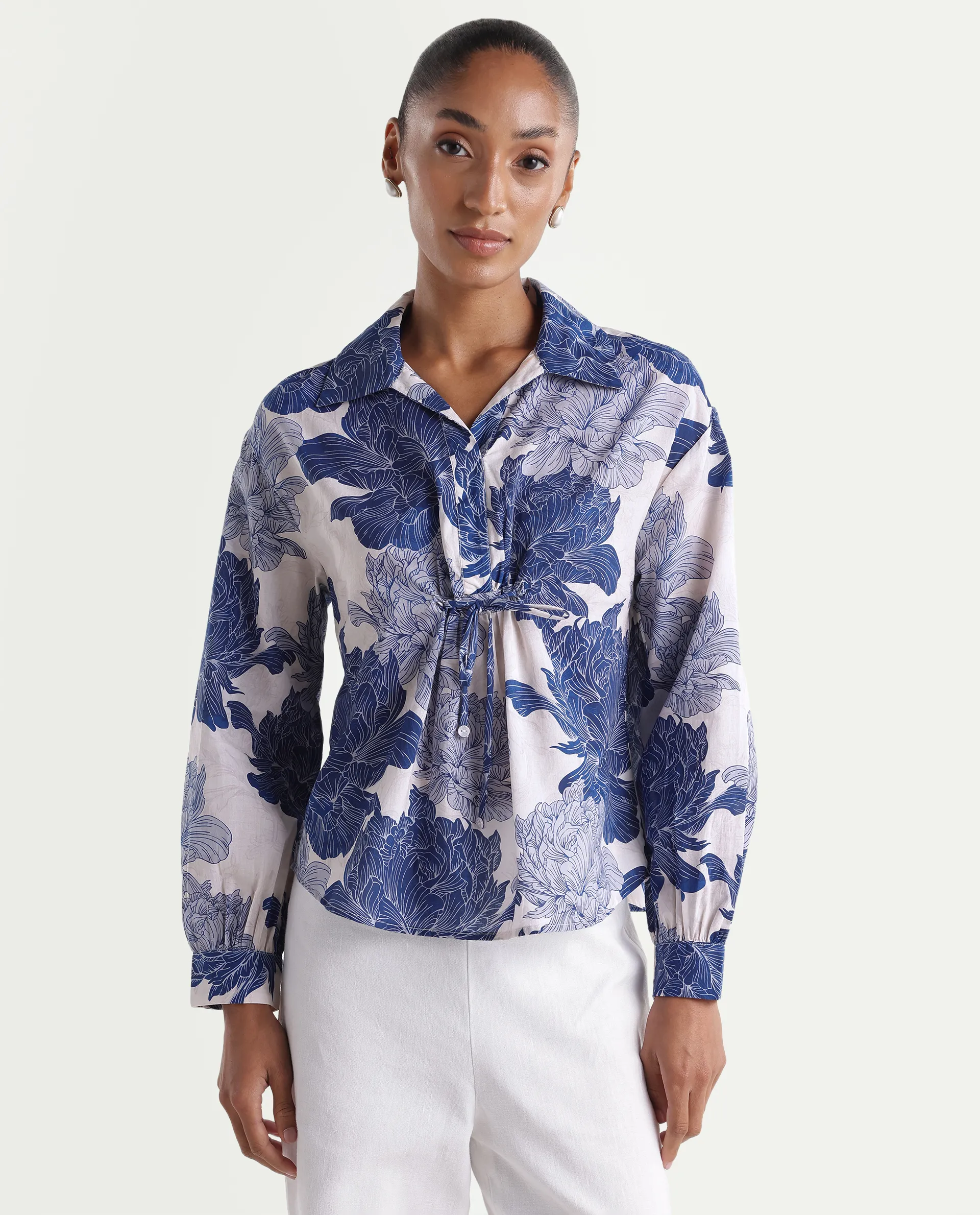Rareism Women's Vetot Blue Cotton Johnny Collar Relaxed Floral Print Top - Image 3