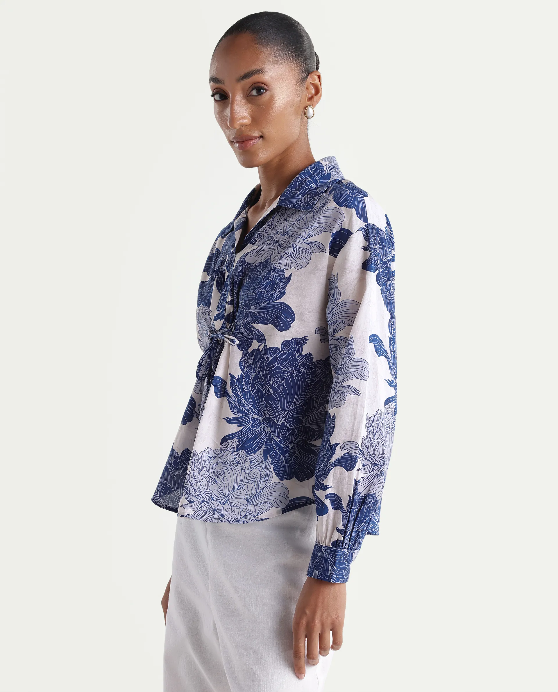 Rareism Women's Vetot Blue Cotton Johnny Collar Relaxed Floral Print Top - Image 5