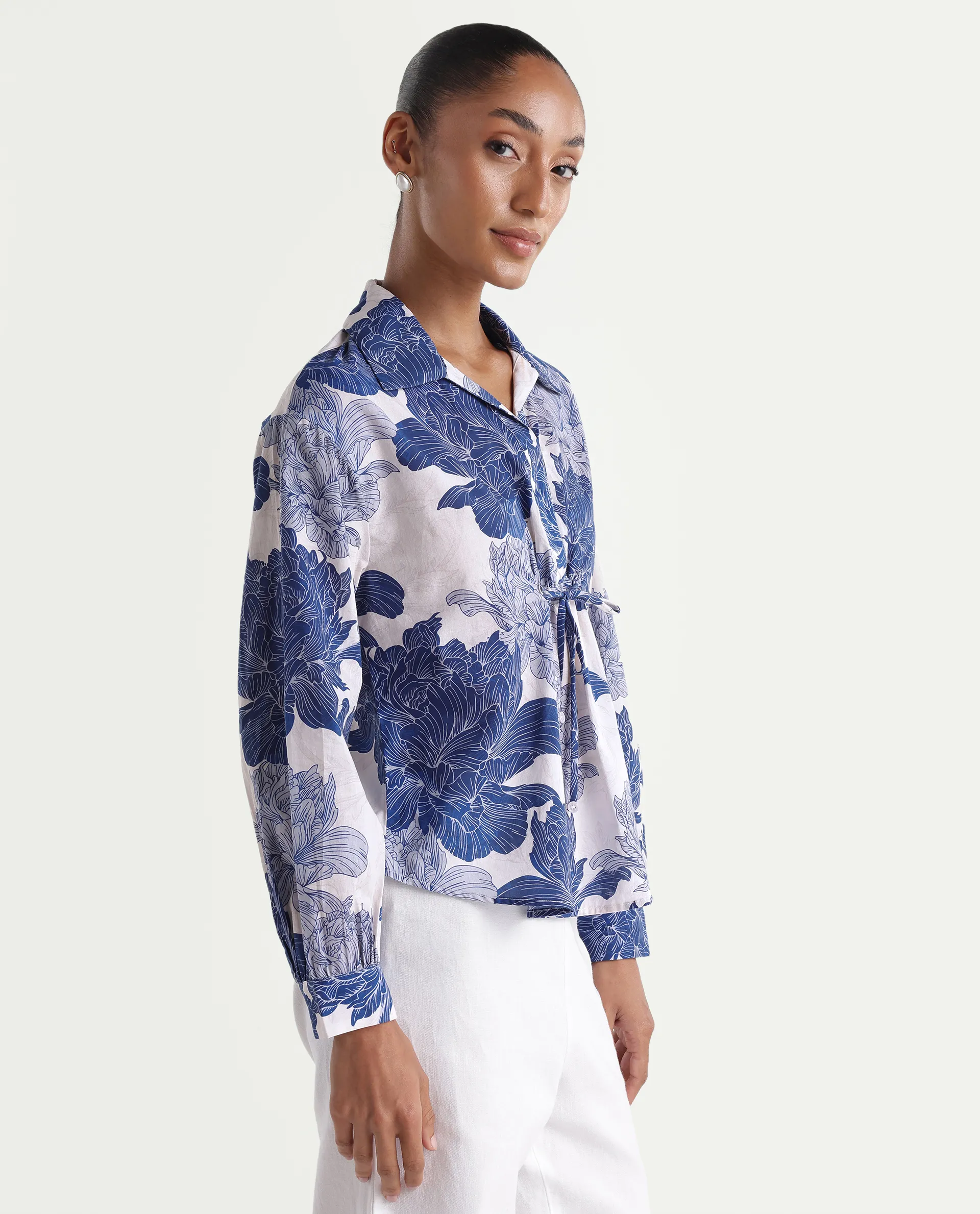 Rareism Women's Vetot Blue Cotton Johnny Collar Relaxed Floral Print Top - Image 6