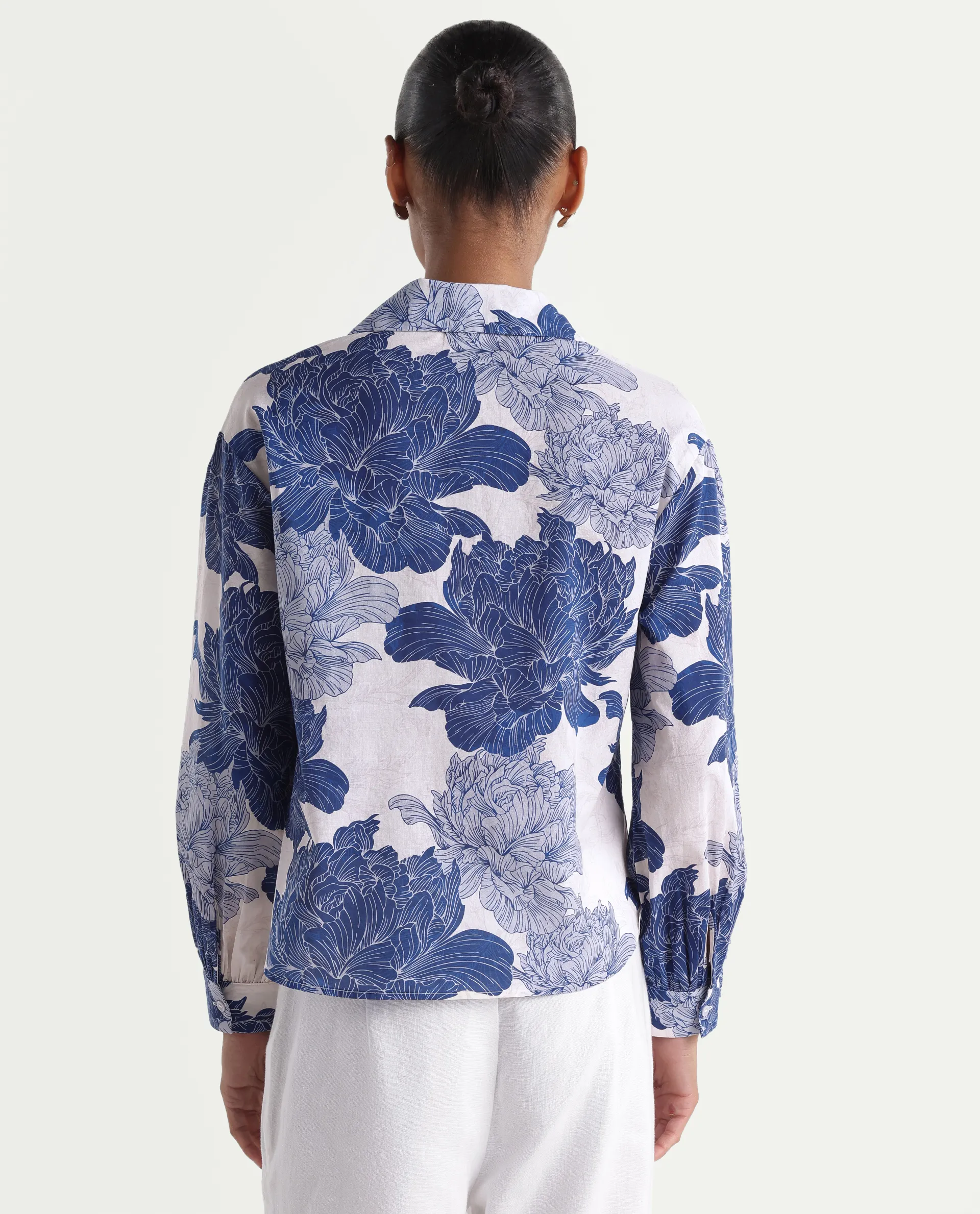 Rareism Women's Vetot Blue Cotton Johnny Collar Relaxed Floral Print Top - Image 7
