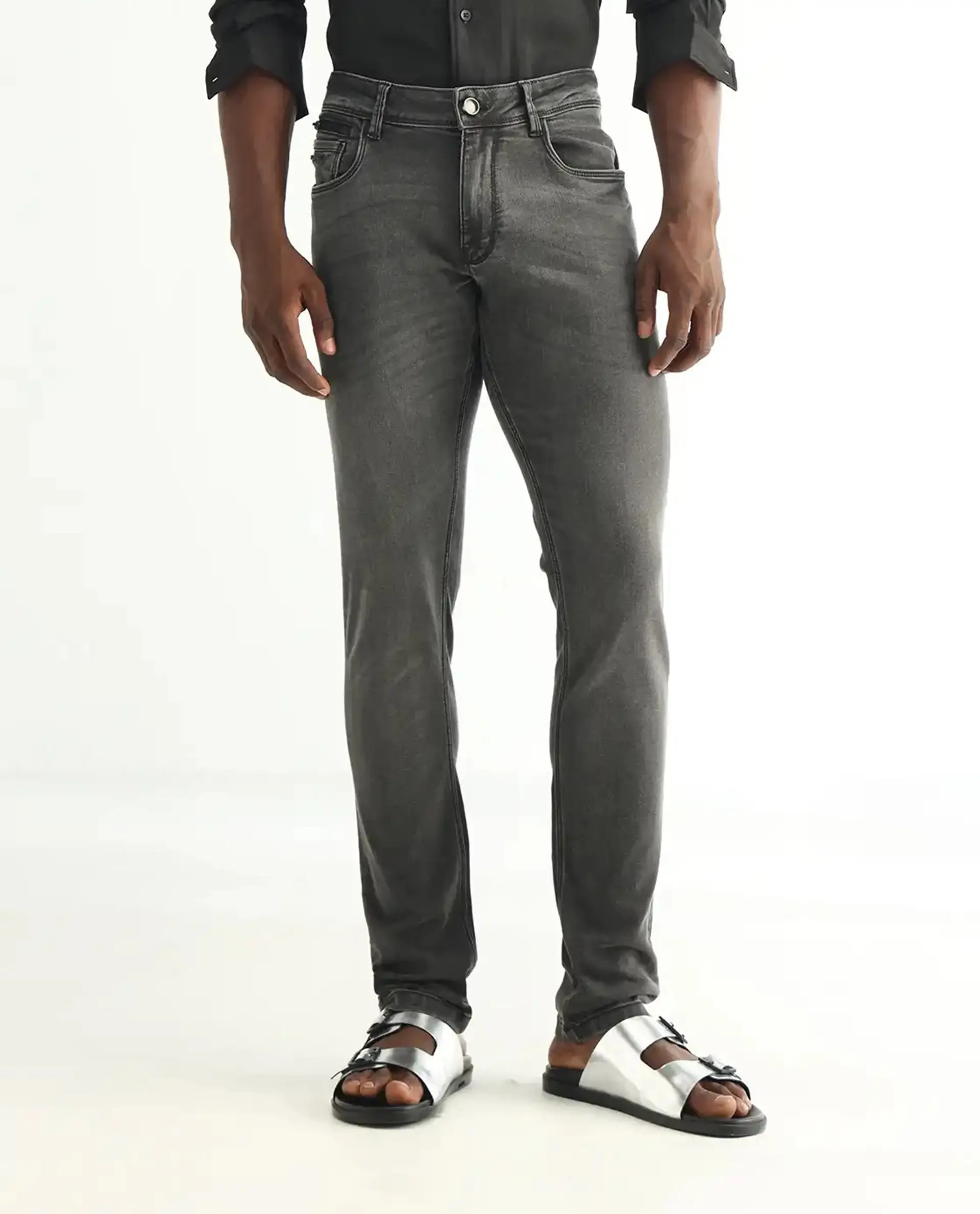 Rare Rabbit Men's Veu Grey Cotton Plain Hawk Slim Fit Jeans - Image 10