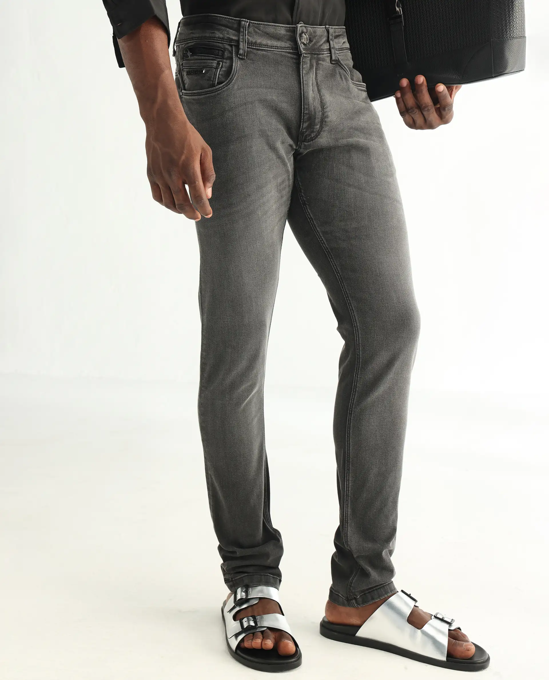 Rare Rabbit Men's Veu Grey Cotton Plain Hawk Slim Fit Jeans - Image 2