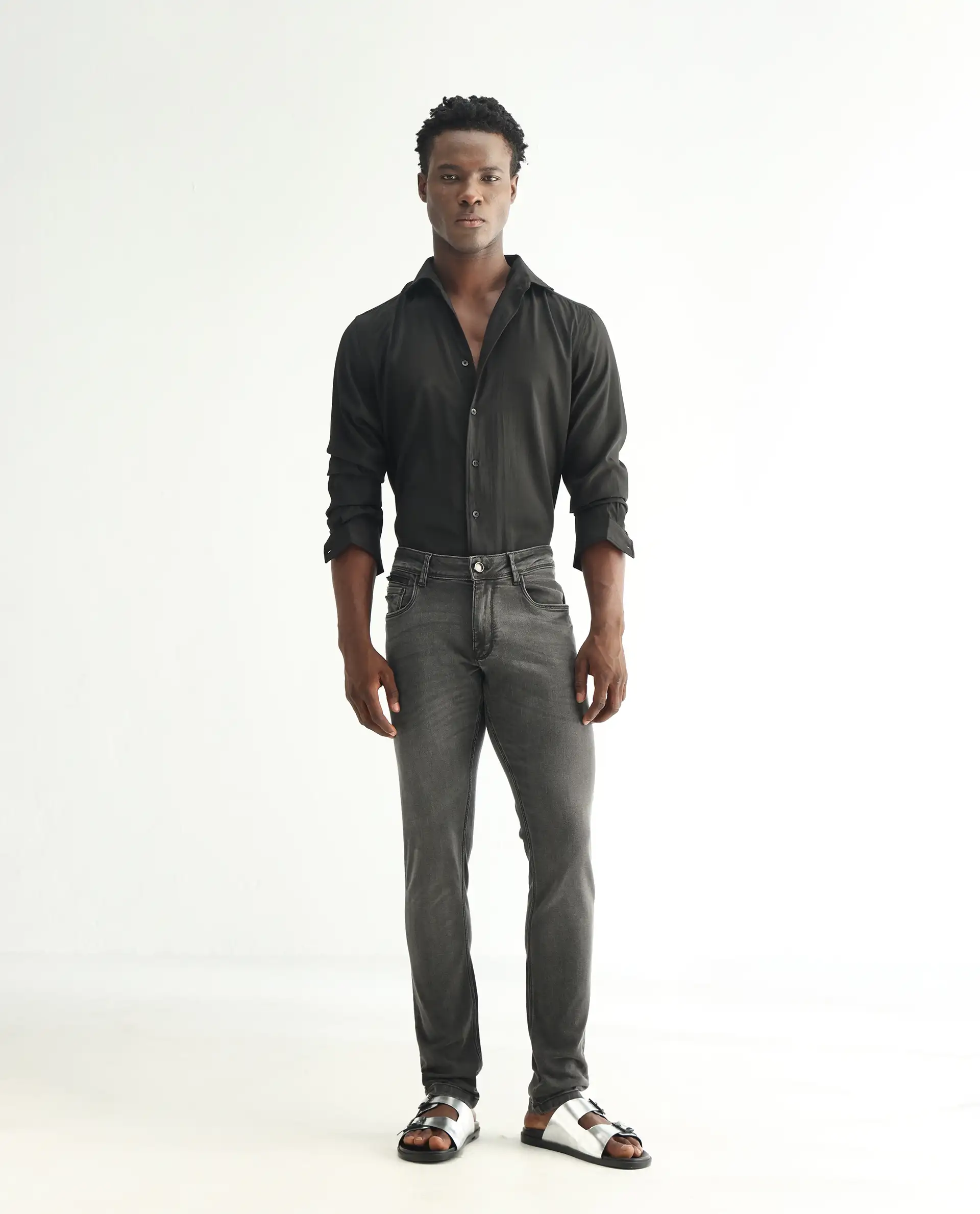 Rare Rabbit Men's Veu Grey Cotton Plain Hawk Slim Fit Jeans - Image 3