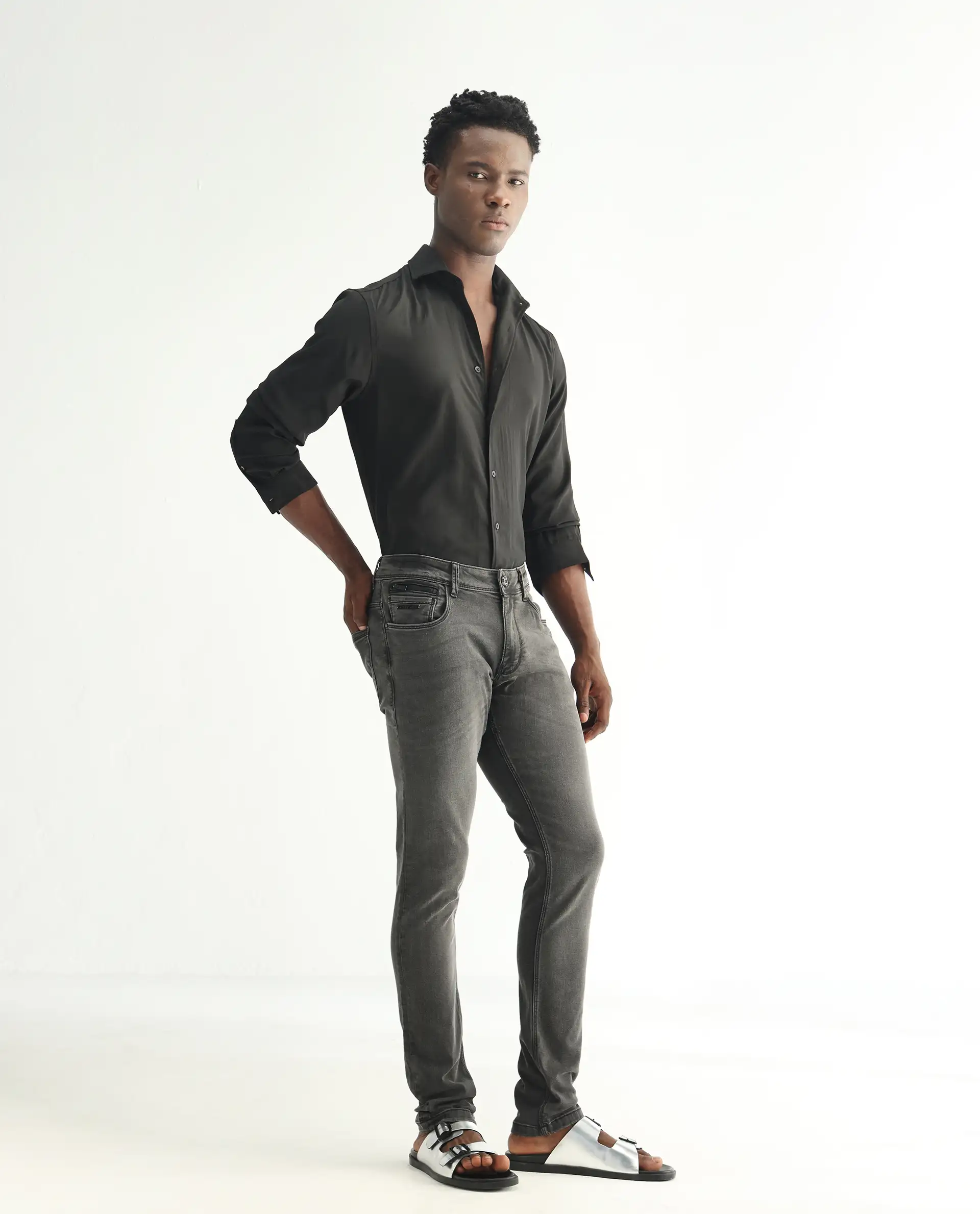 Rare Rabbit Men's Veu Grey Cotton Plain Hawk Slim Fit Jeans - Image 4