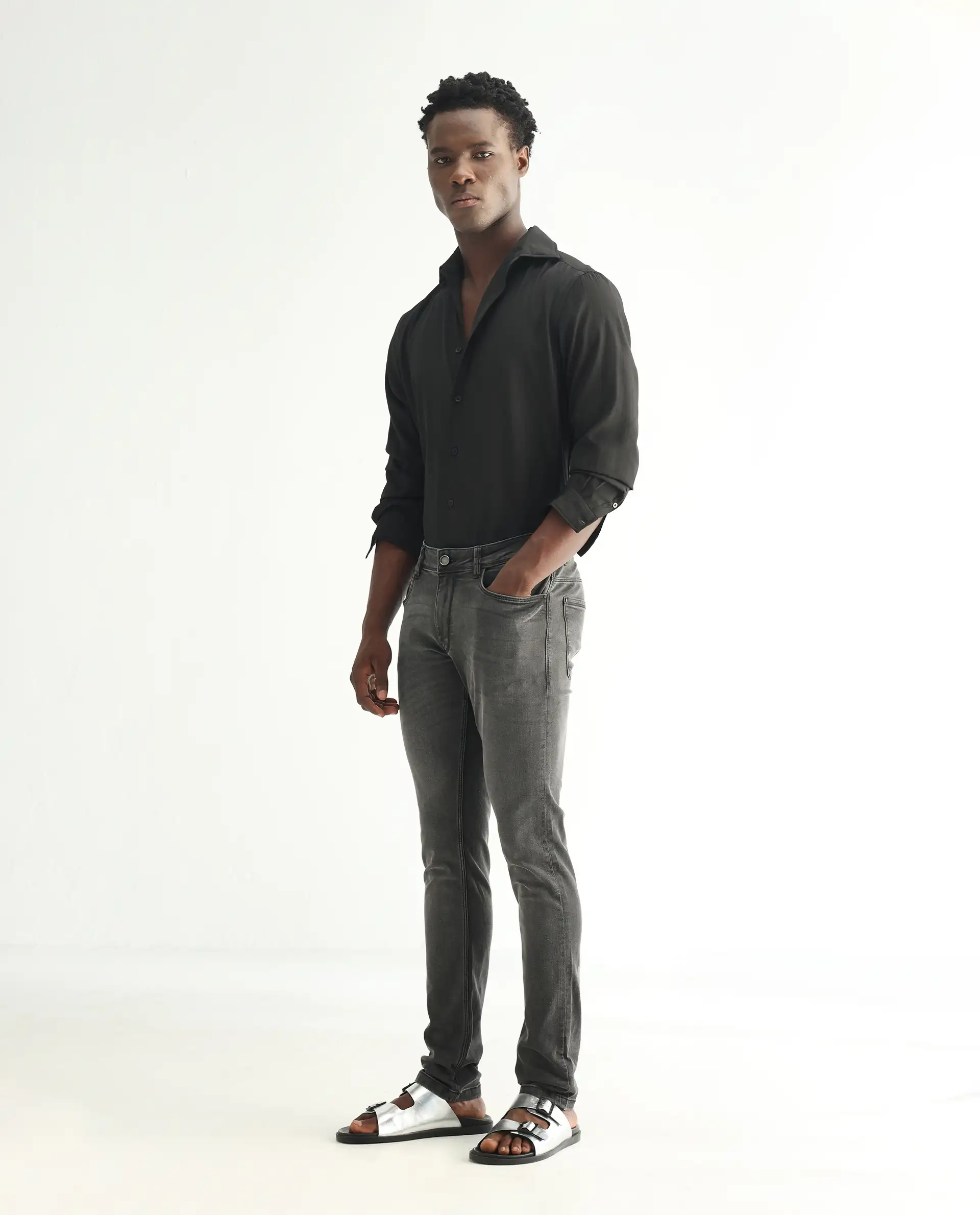 Rare Rabbit Men's Veu Grey Cotton Plain Hawk Slim Fit Jeans - Image 5