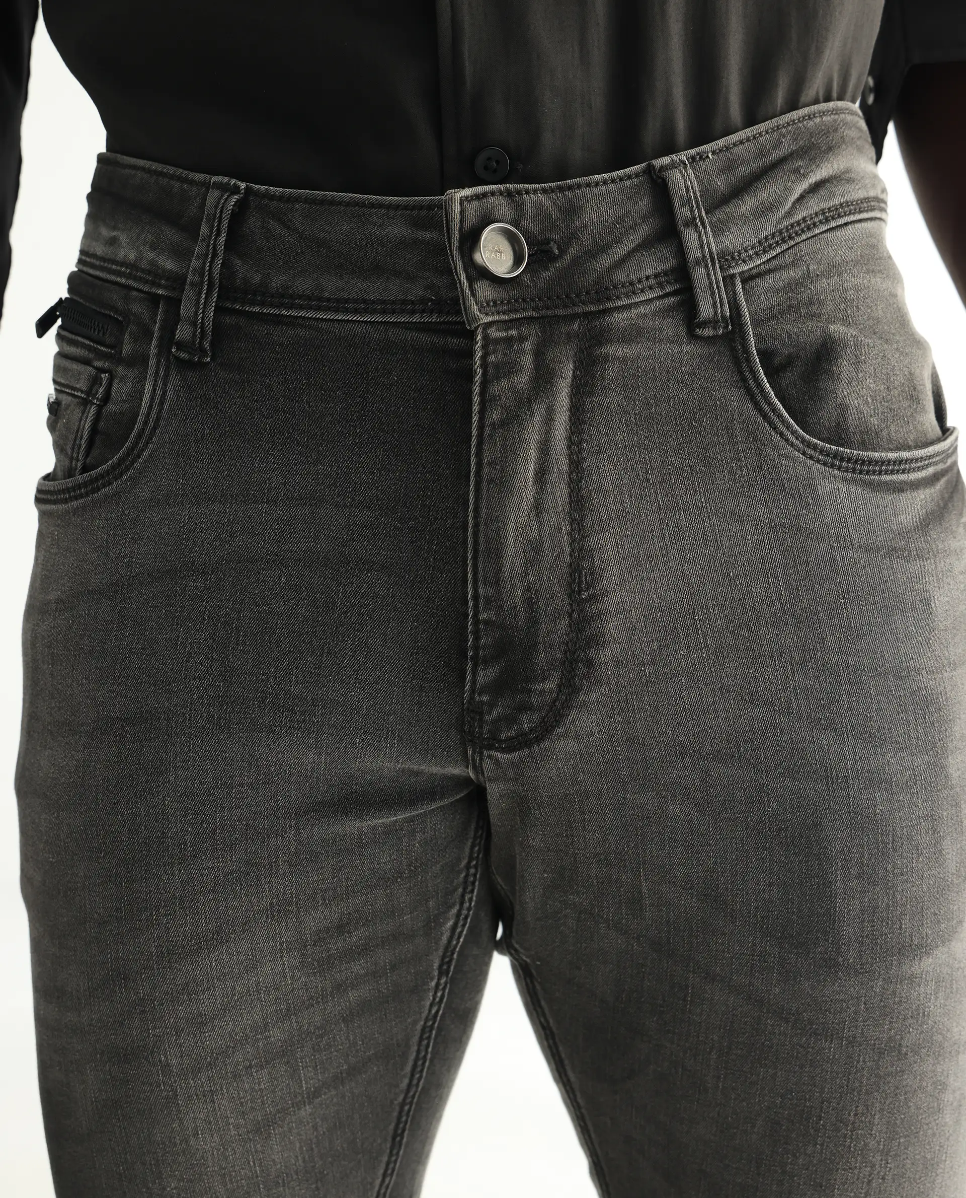 Rare Rabbit Men's Veu Grey Cotton Plain Hawk Slim Fit Jeans - Image 6