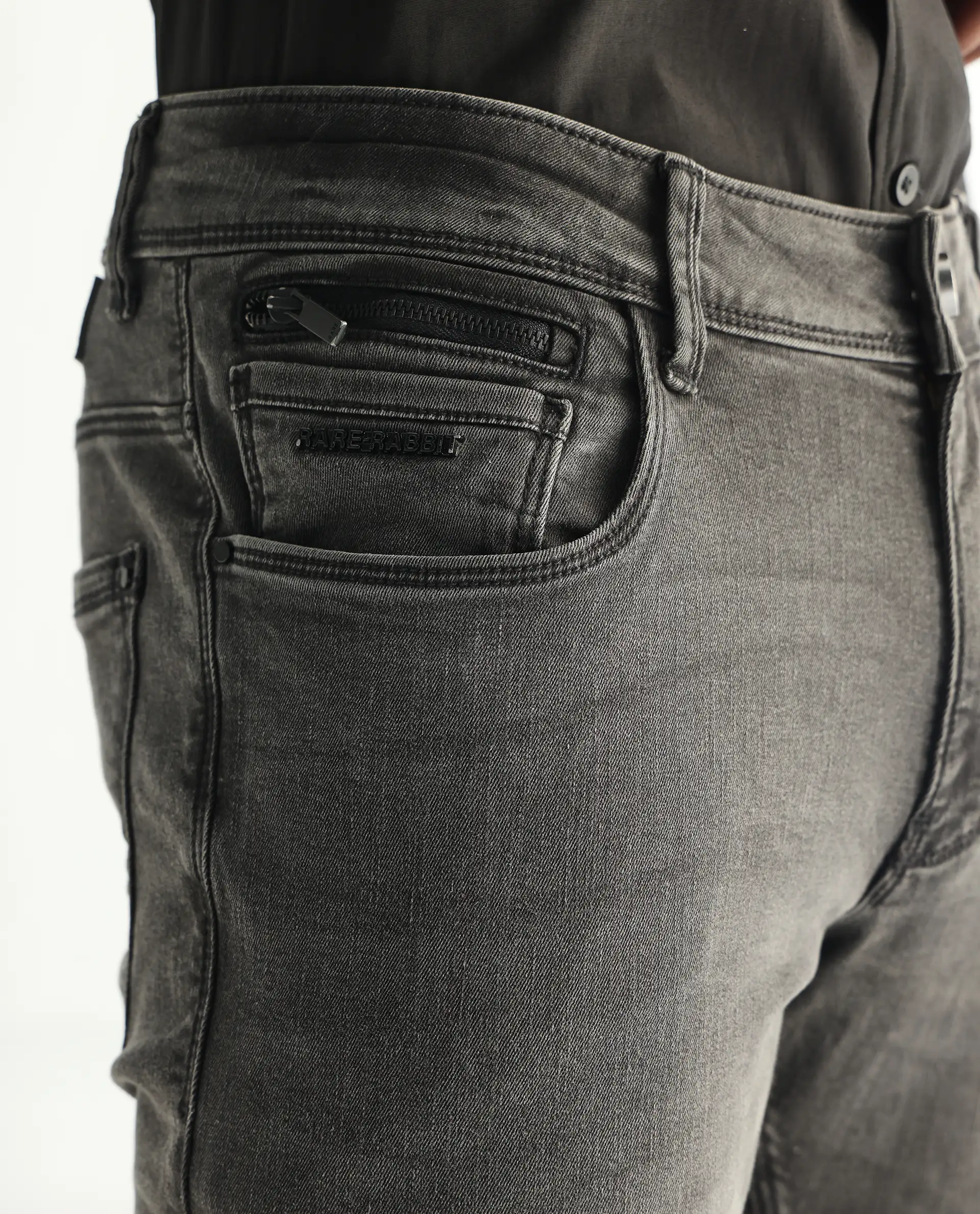 Rare Rabbit Men's Veu Grey Cotton Plain Hawk Slim Fit Jeans - Image 7