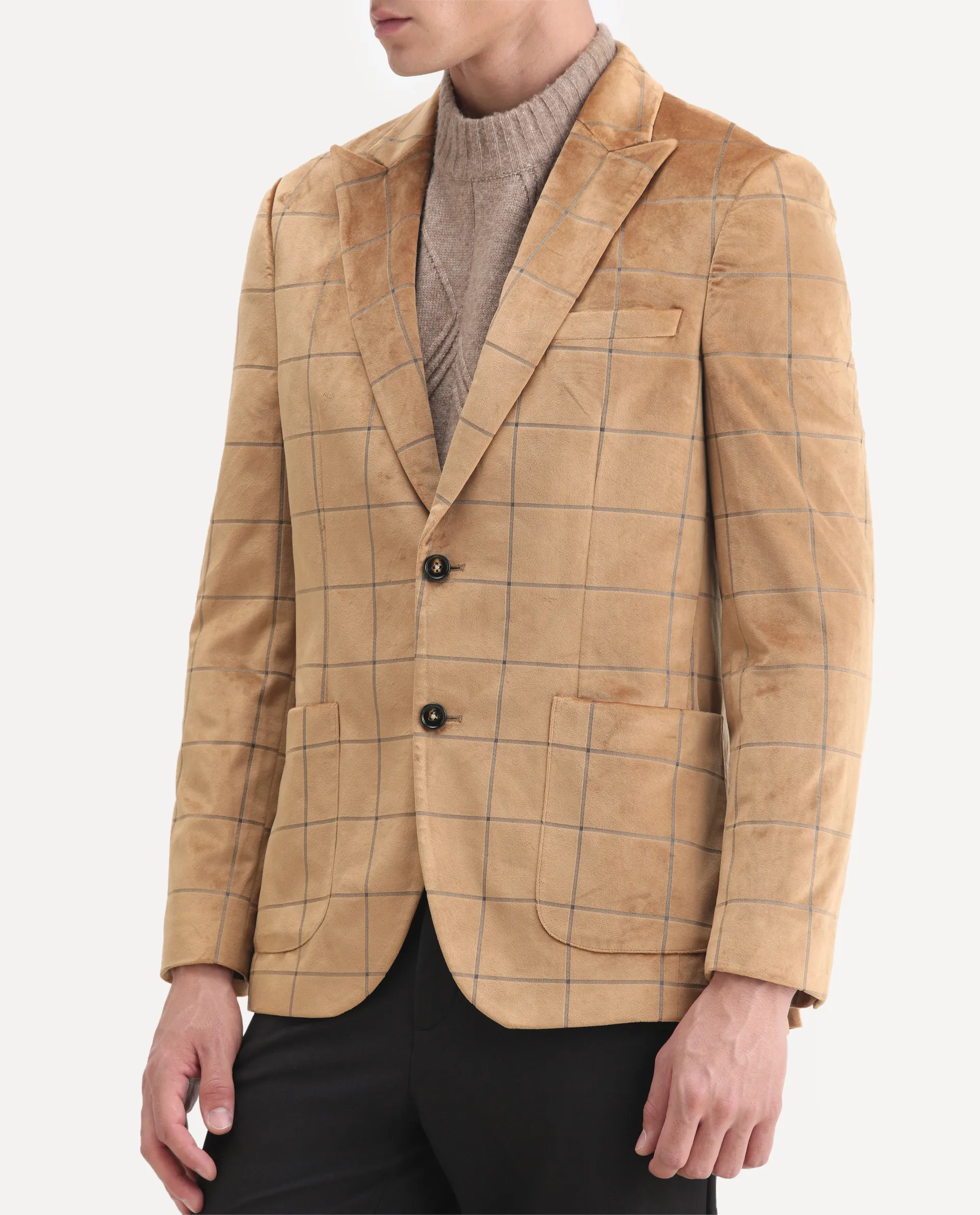 Rare Rabbit Men's Vewet Mustard Velvet Checked Print Tailored Fit Full Sleeve Lapel Neck Blazer - Image 3
