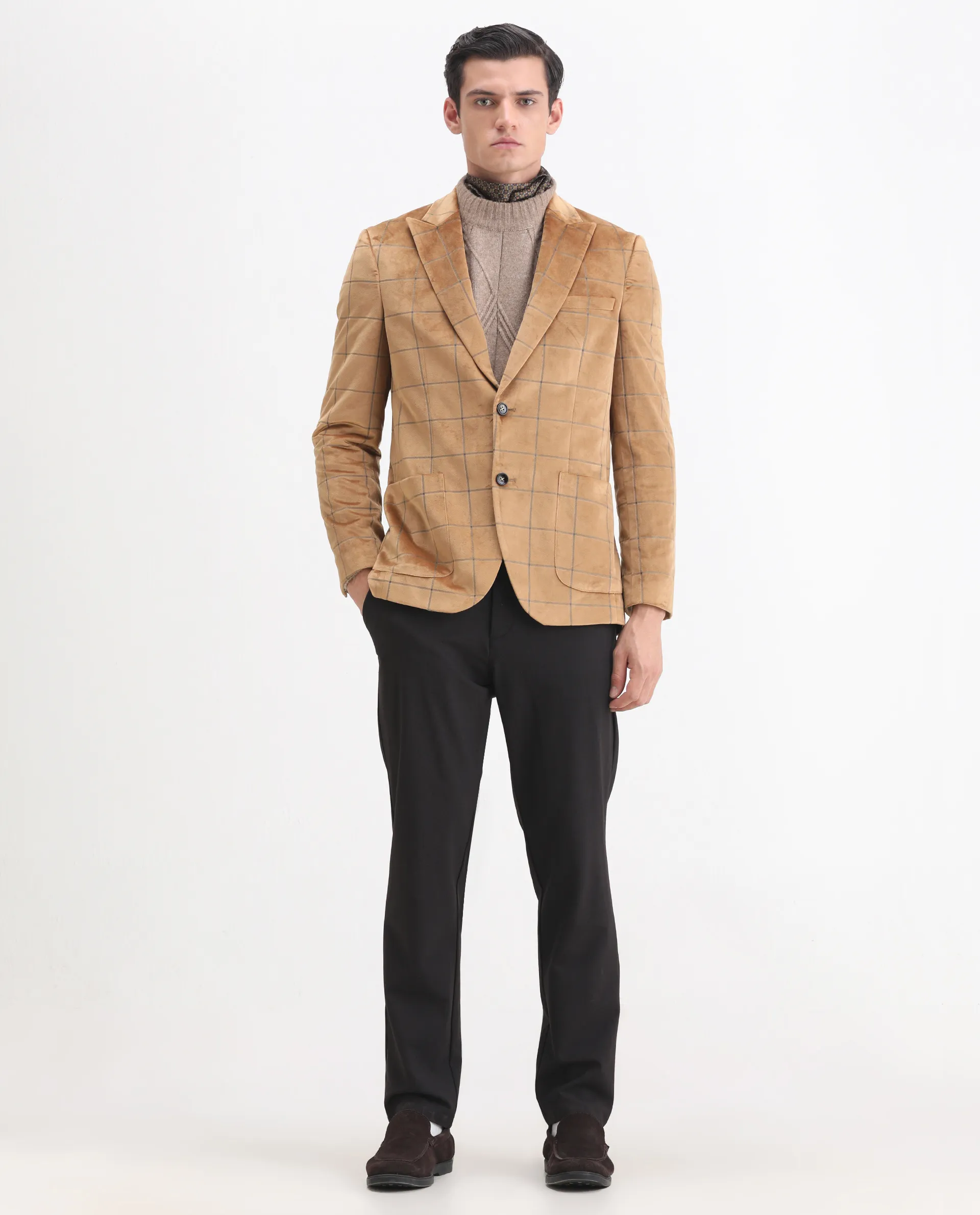 Rare Rabbit Men's Vewet Mustard Velvet Checked Print Tailored Fit Full Sleeve Lapel Neck Blazer - Image 7