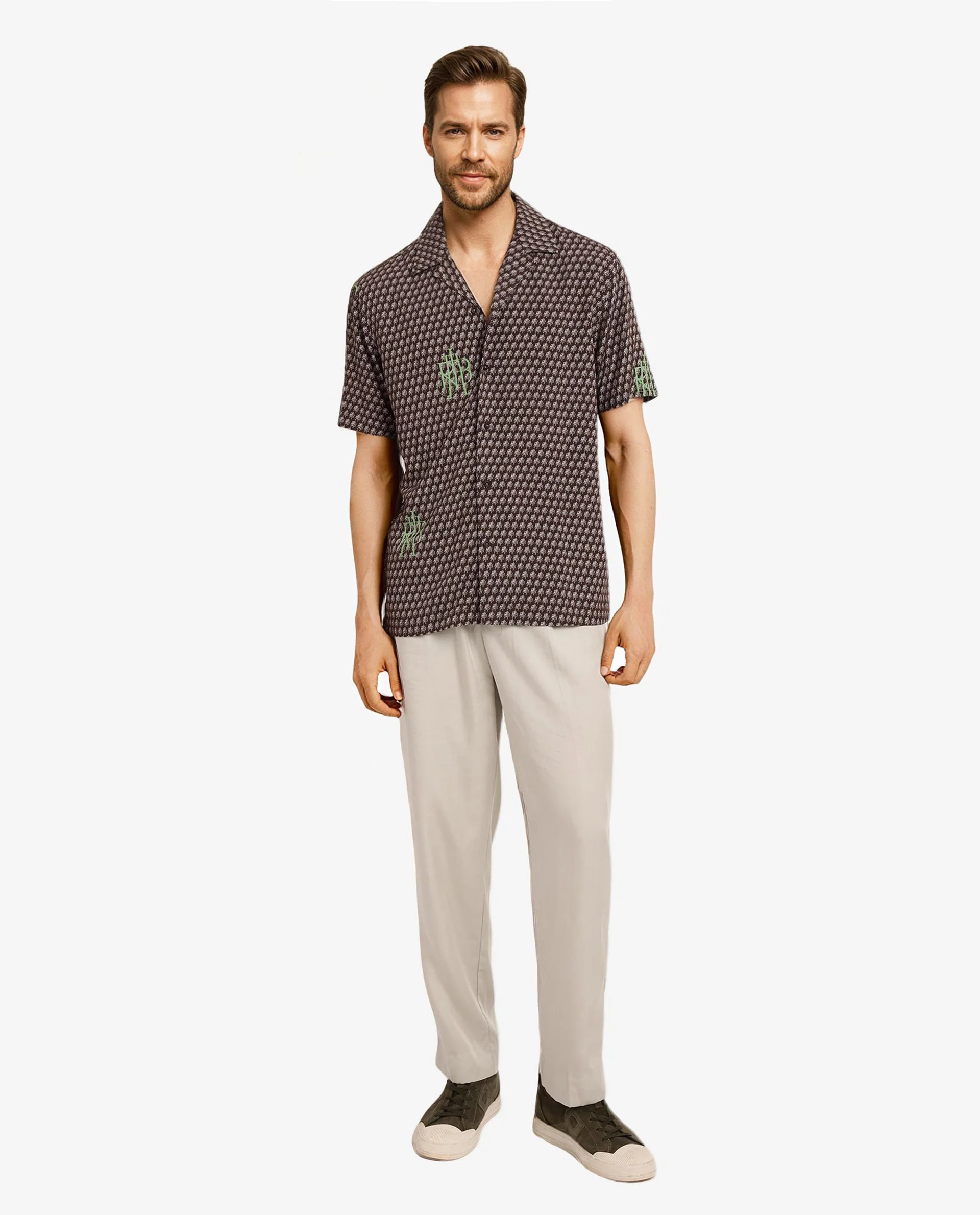 Rare Rabbit Men's Vex Brown Viscose Monogram Print Boxy Fit Half Sleeve Cuban Collar Shirt - Image 2